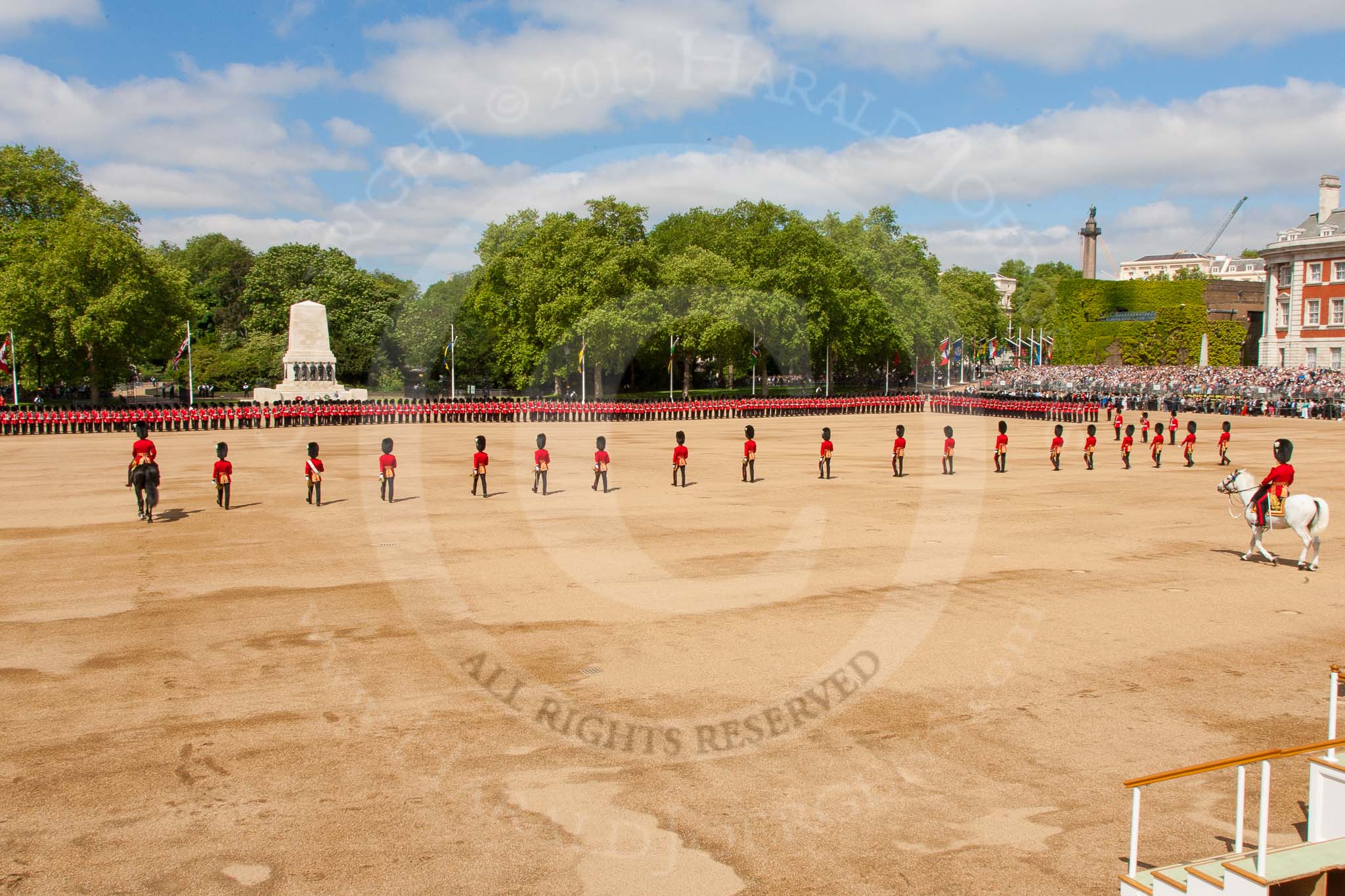 The Colonel's Review 2013: The eighteen officers are marching back towards their Guards, with the Major of the Parade on their left and the Adjutant of the Parade behind..
Horse Guards Parade, Westminster,
London SW1,

United Kingdom,
on 08 June 2013 at 10:41, image #194