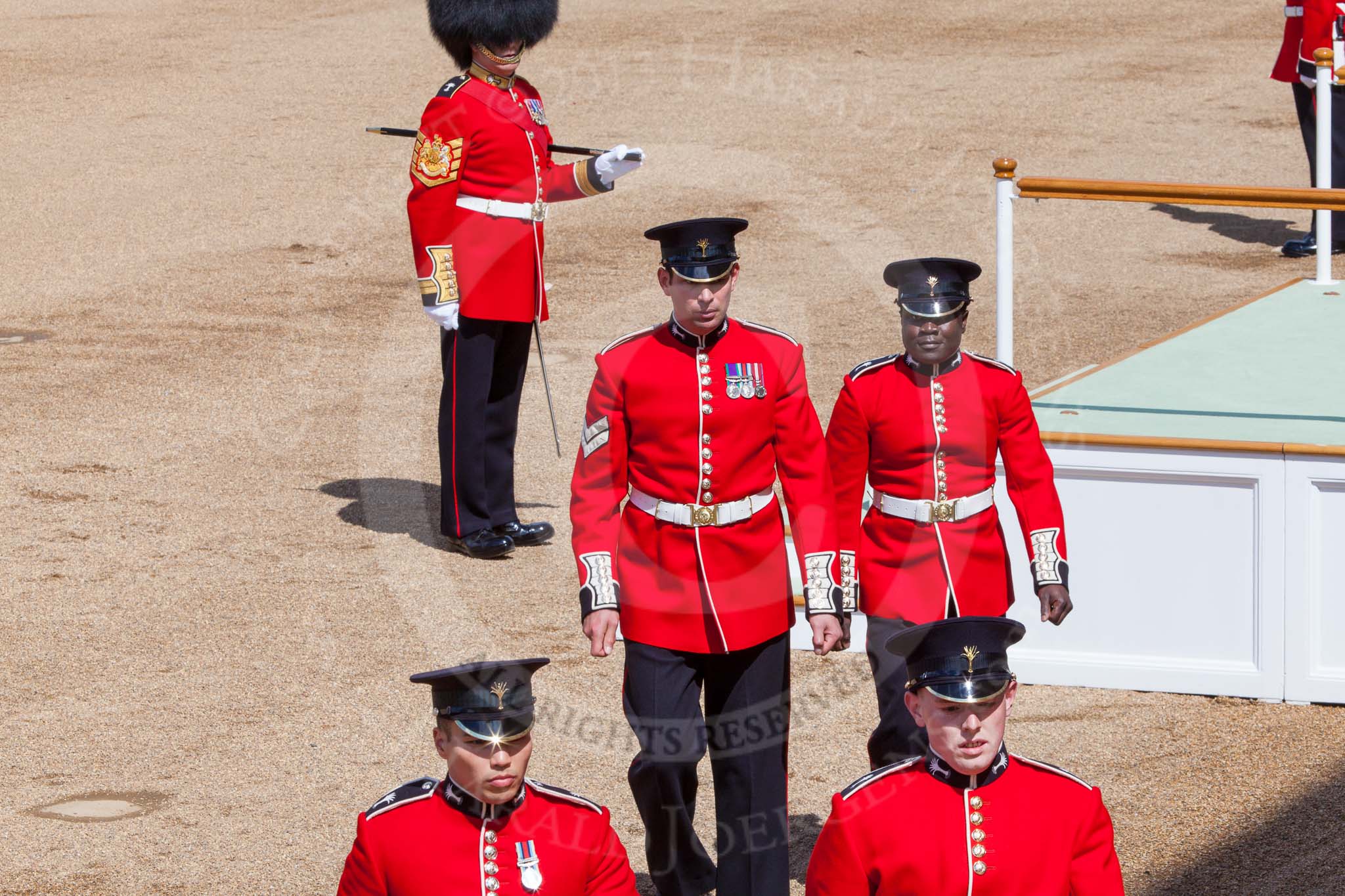 The Colonel's Review 2013: The dais, the saluting platform for HM The Queen, is in the final stages of assembly, shortly before the arrival of the Royal Procession..
Horse Guards Parade, Westminster,
London SW1,

United Kingdom,
on 08 June 2013 at 10:55, image #239