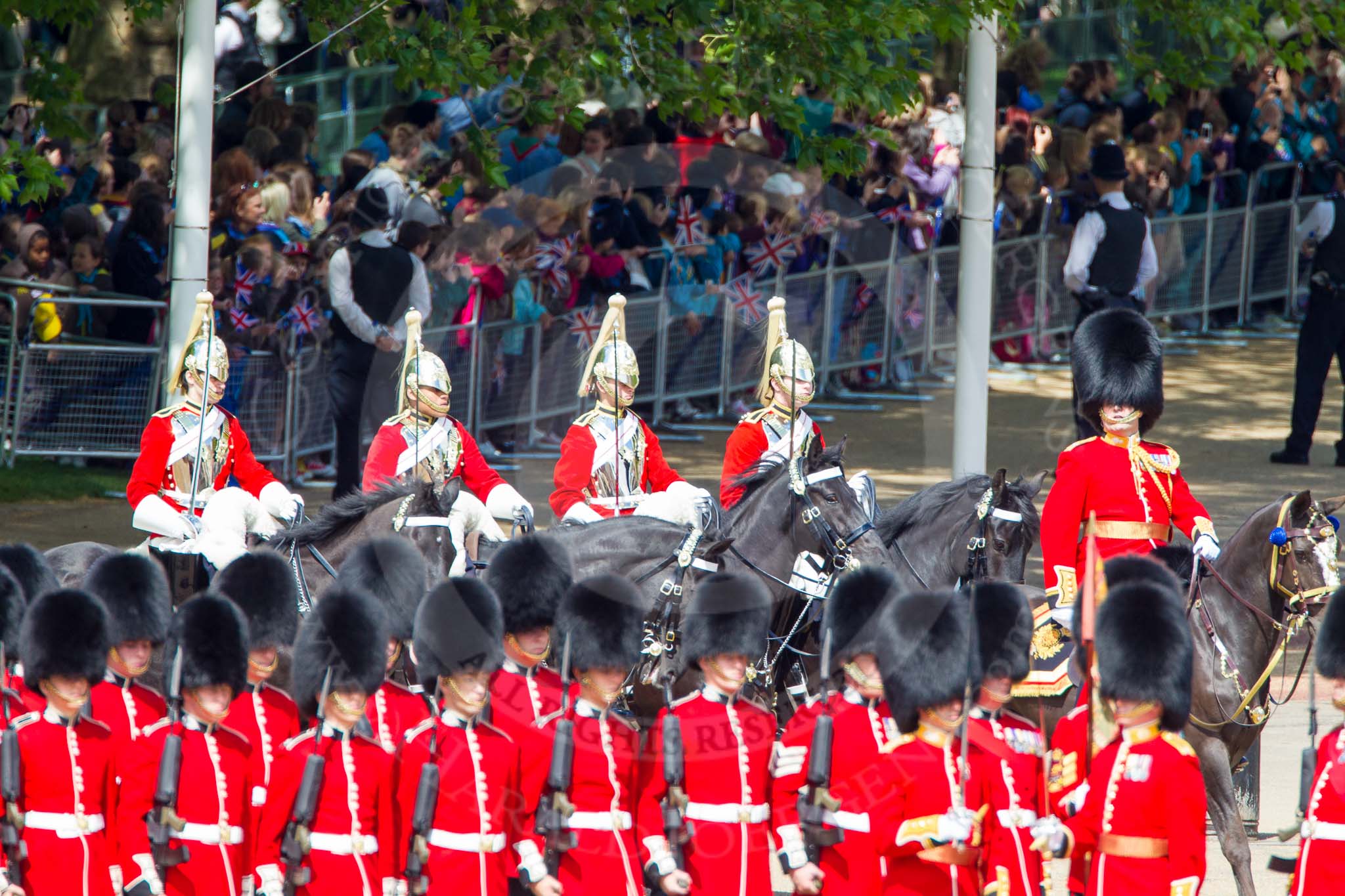 The Colonel's Review 2013: Brigade Major Household Division Lieutenant Colonel Simon Soskin, Grenadier Guards, followed by four Troopers of The Life Guards, leading the Royal Procession onto Horse Guards Parade..
Horse Guards Parade, Westminster,
London SW1,

United Kingdom,
on 08 June 2013 at 10:56, image #243