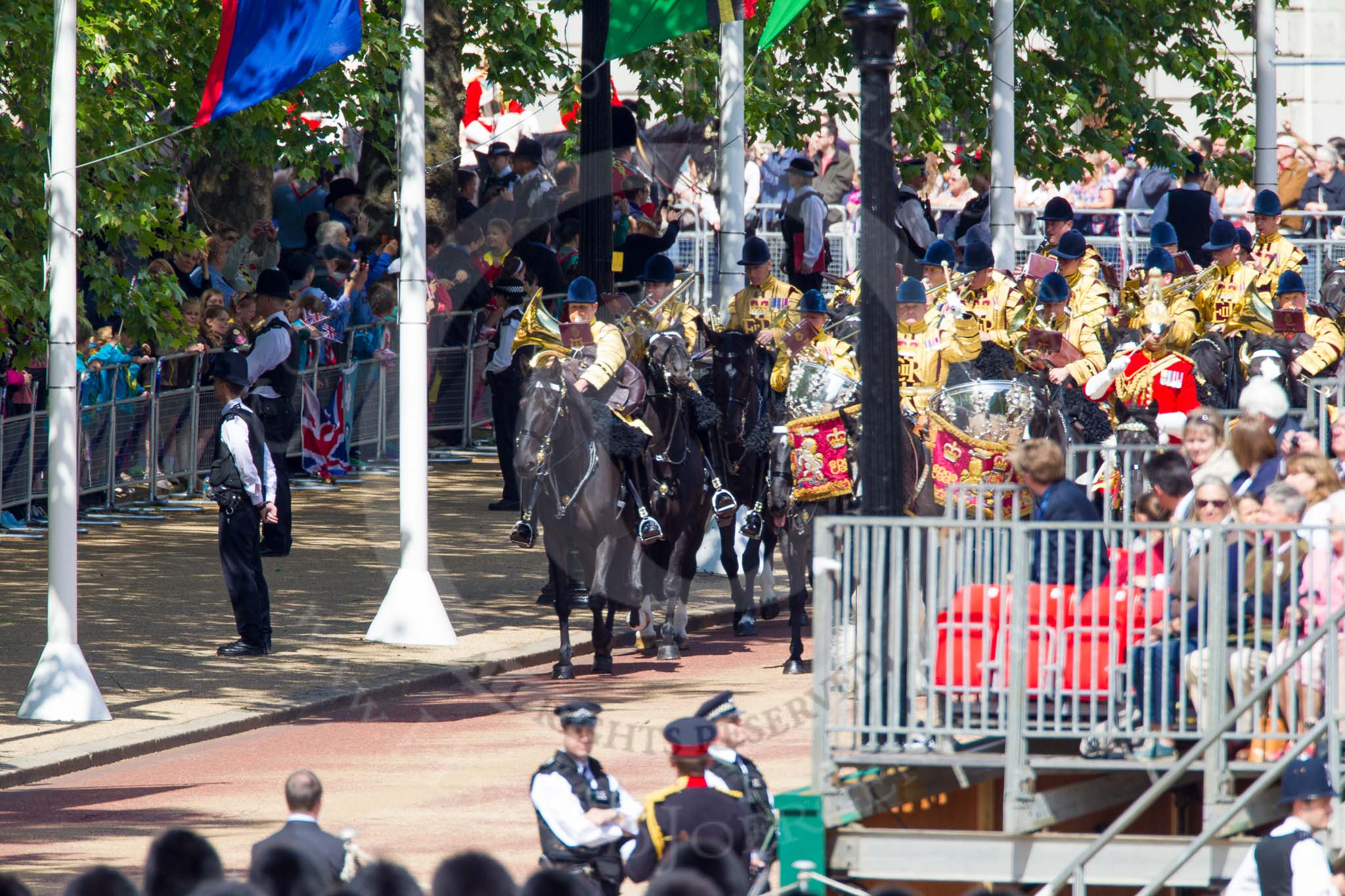 The Colonel's Review 2013: The Mounted Bands of the Household Cavalry are marching down Horse Guards Road as the third element of the Royal Procession, taking position at the northern side of Horse Guards Parade, next to St James's Park.
Horse Guards Parade, Westminster,
London SW1,

United Kingdom,
on 08 June 2013 at 10:56, image #246