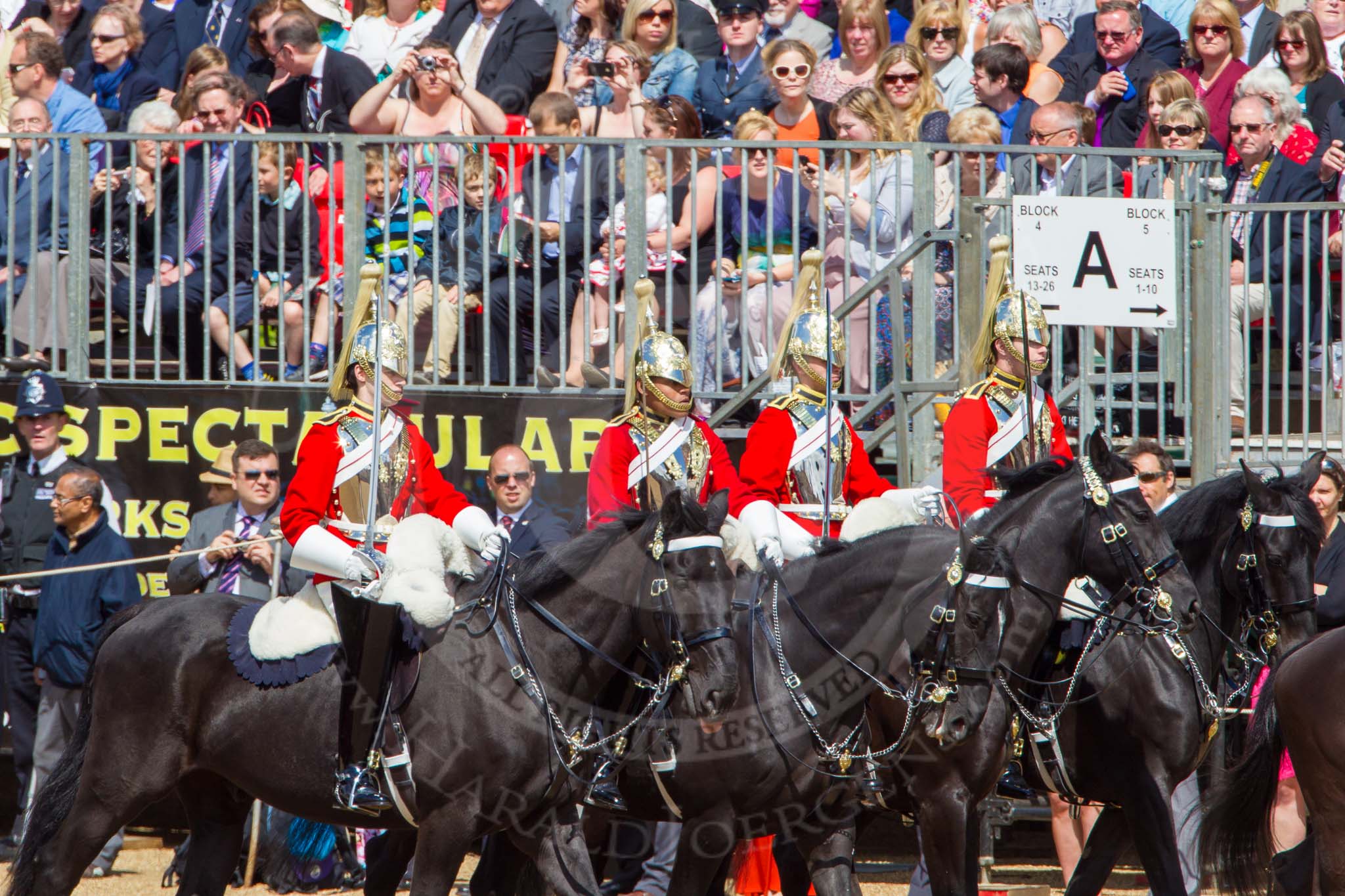 The Colonel's Review 2013: The Four Troopers of The Life Guards, following the Brigade Major at the head of the Royal Procession..
Horse Guards Parade, Westminster,
London SW1,

United Kingdom,
on 08 June 2013 at 10:56, image #247