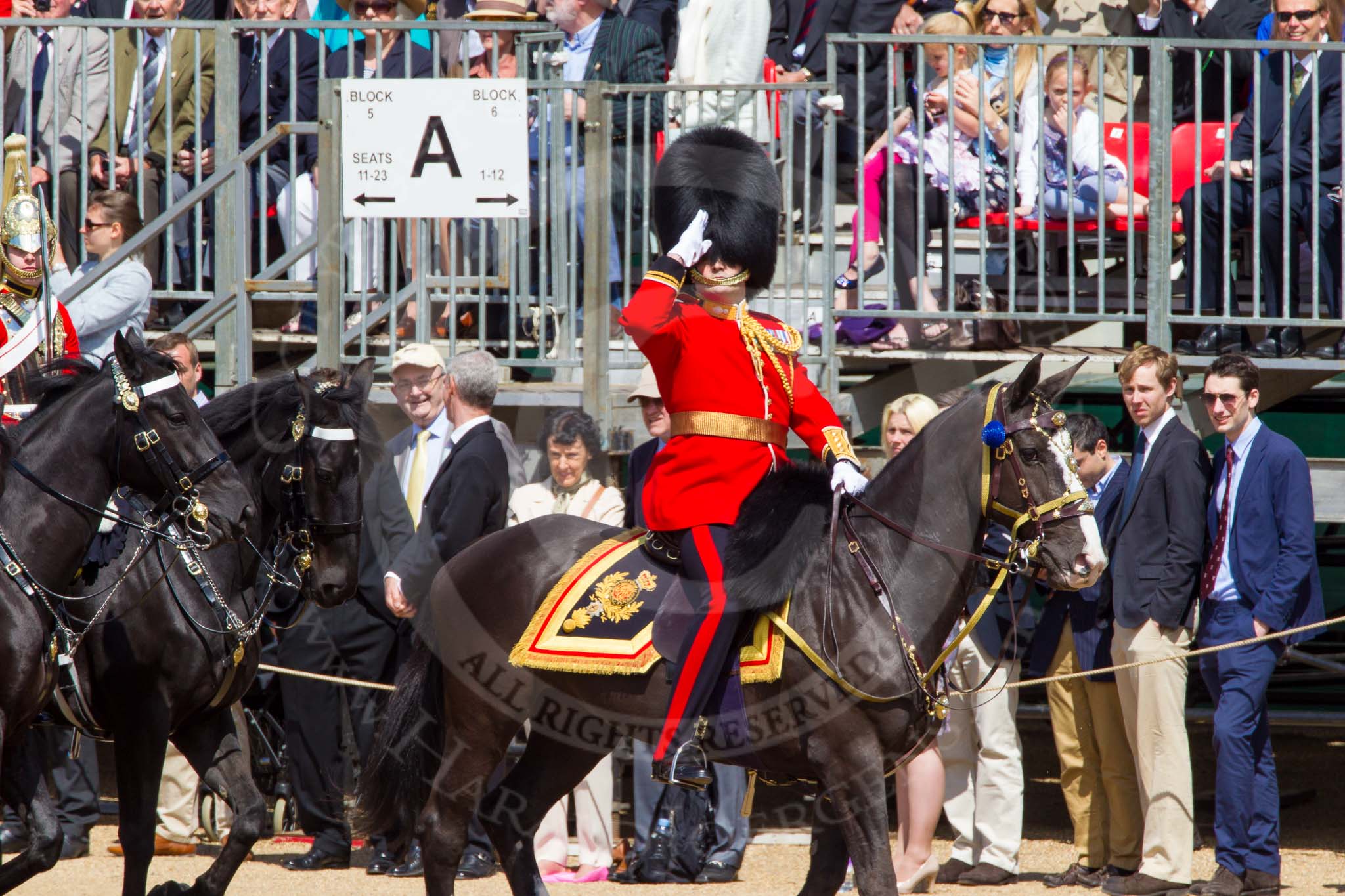 The Colonel's Review 2013: Leading the Royal Procession, Brigade Major Household Division Lieutenant Colonel Simon Soskin, Grenadier Guards, salute when passing the Colour..
Horse Guards Parade, Westminster,
London SW1,

United Kingdom,
on 08 June 2013 at 10:56, image #248