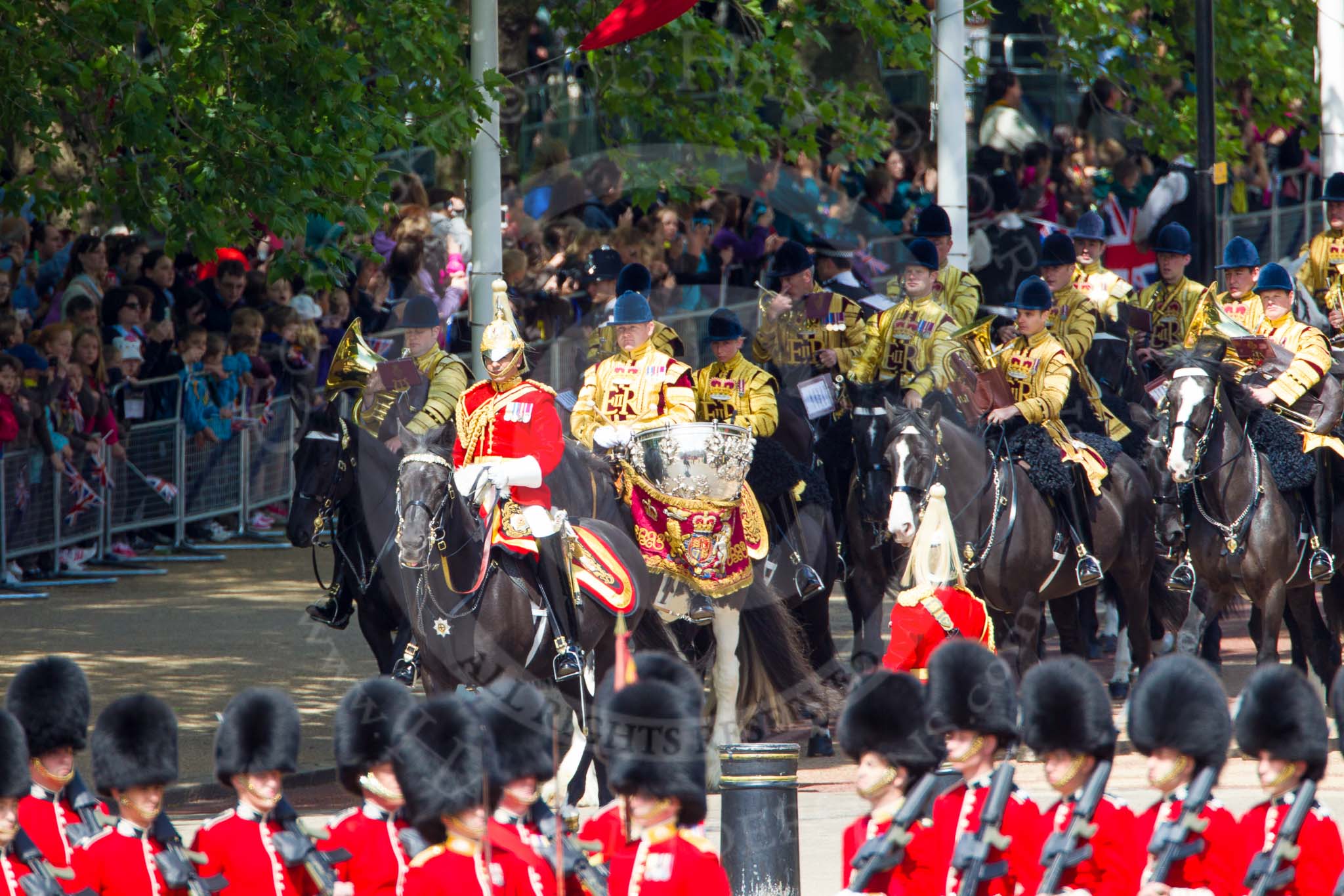 The Colonel's Review 2013: The Mounted Bands of the Household Cavalry are marching down Horse Guards Road as the third element of the Royal Procession..
Horse Guards Parade, Westminster,
London SW1,

United Kingdom,
on 08 June 2013 at 10:57, image #250