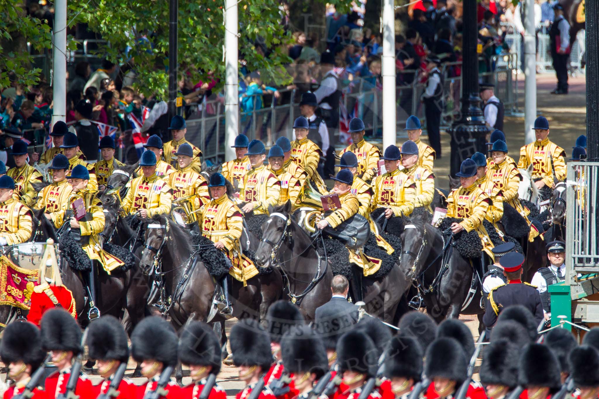 The Colonel's Review 2013: The Mounted Bands of the Household Cavalry are marching down Horse Guards Road as the third element of the Royal Procession..
Horse Guards Parade, Westminster,
London SW1,

United Kingdom,
on 08 June 2013 at 10:57, image #252