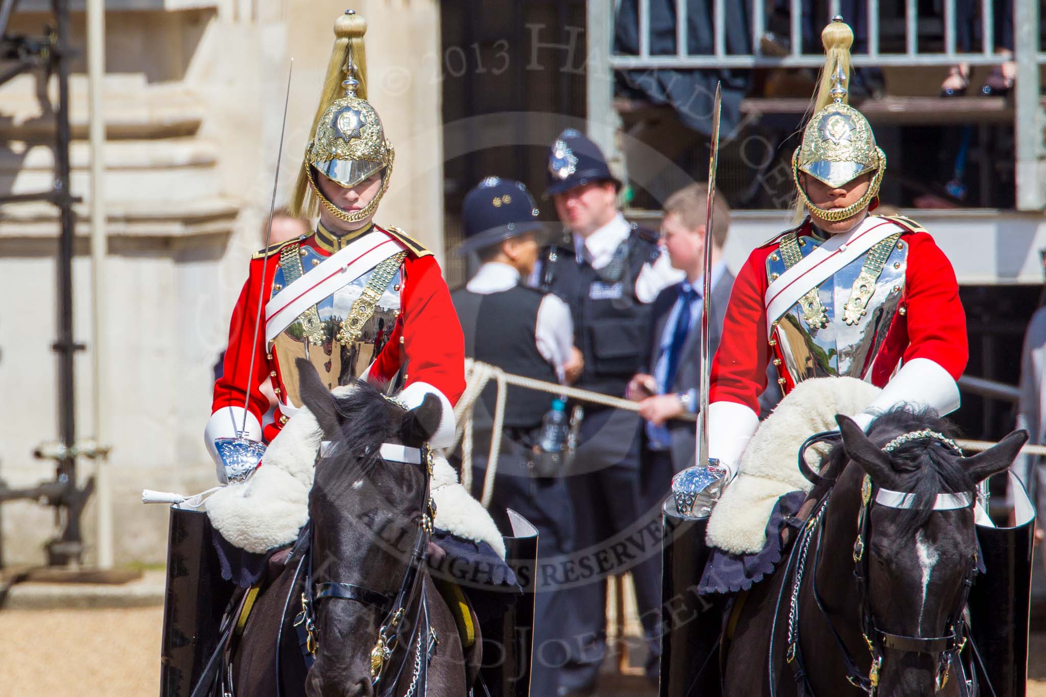 The Colonel's Review 2013: The Two Troopers of The Life Guards, following the Brigade Major at the head of the Royal Procession..
Horse Guards Parade, Westminster,
London SW1,

United Kingdom,
on 08 June 2013 at 10:57, image #253