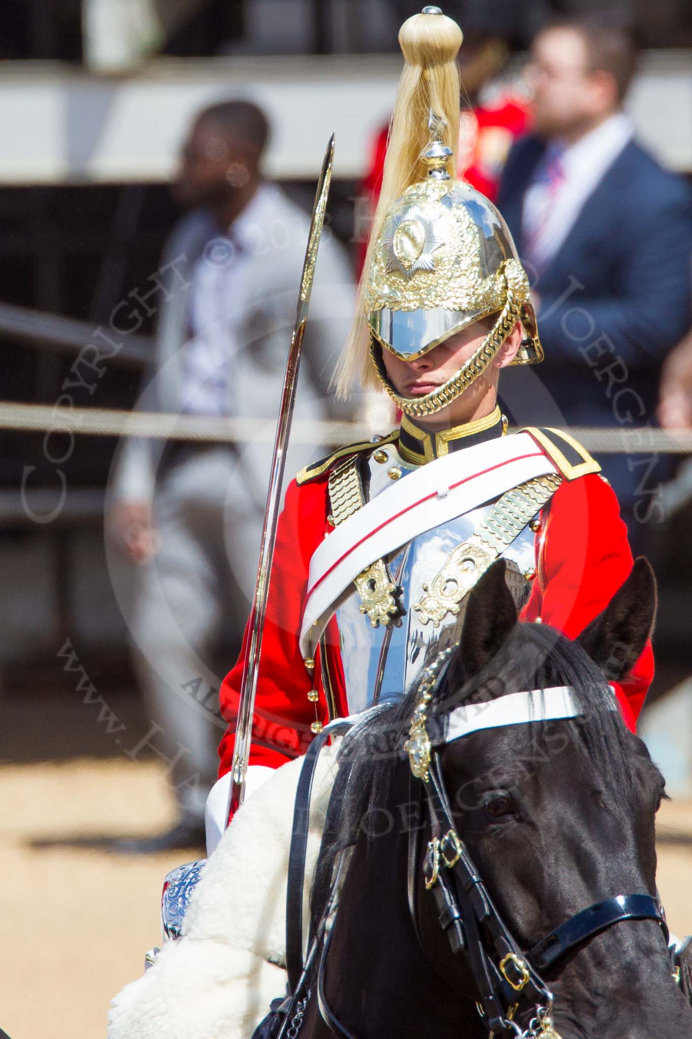 The Colonel's Review 2013: The Trooper of The Life Guards, following the Brigade Major at the head of the Royal Procession..
Horse Guards Parade, Westminster,
London SW1,

United Kingdom,
on 08 June 2013 at 10:57, image #256