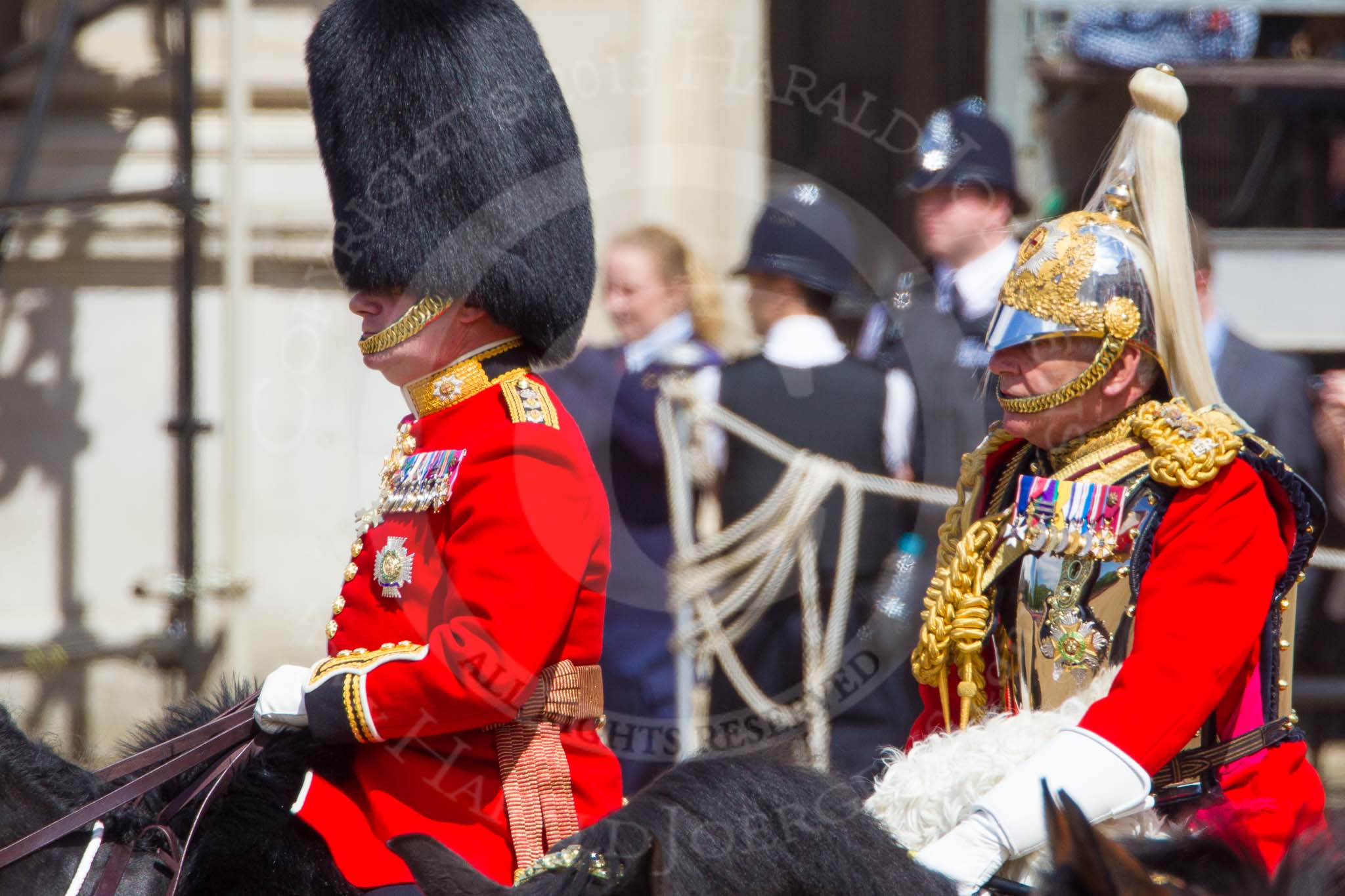 The Colonel's Review 2013: Colonel Coldstream Guards, Lieutenant General Sir James Bucknall, and Gold Stick in Waiting and Colonel The Life Guards, Field Marshal the Lord Guthrie of Craigiebank..
Horse Guards Parade, Westminster,
London SW1,

United Kingdom,
on 08 June 2013 at 11:00, image #299