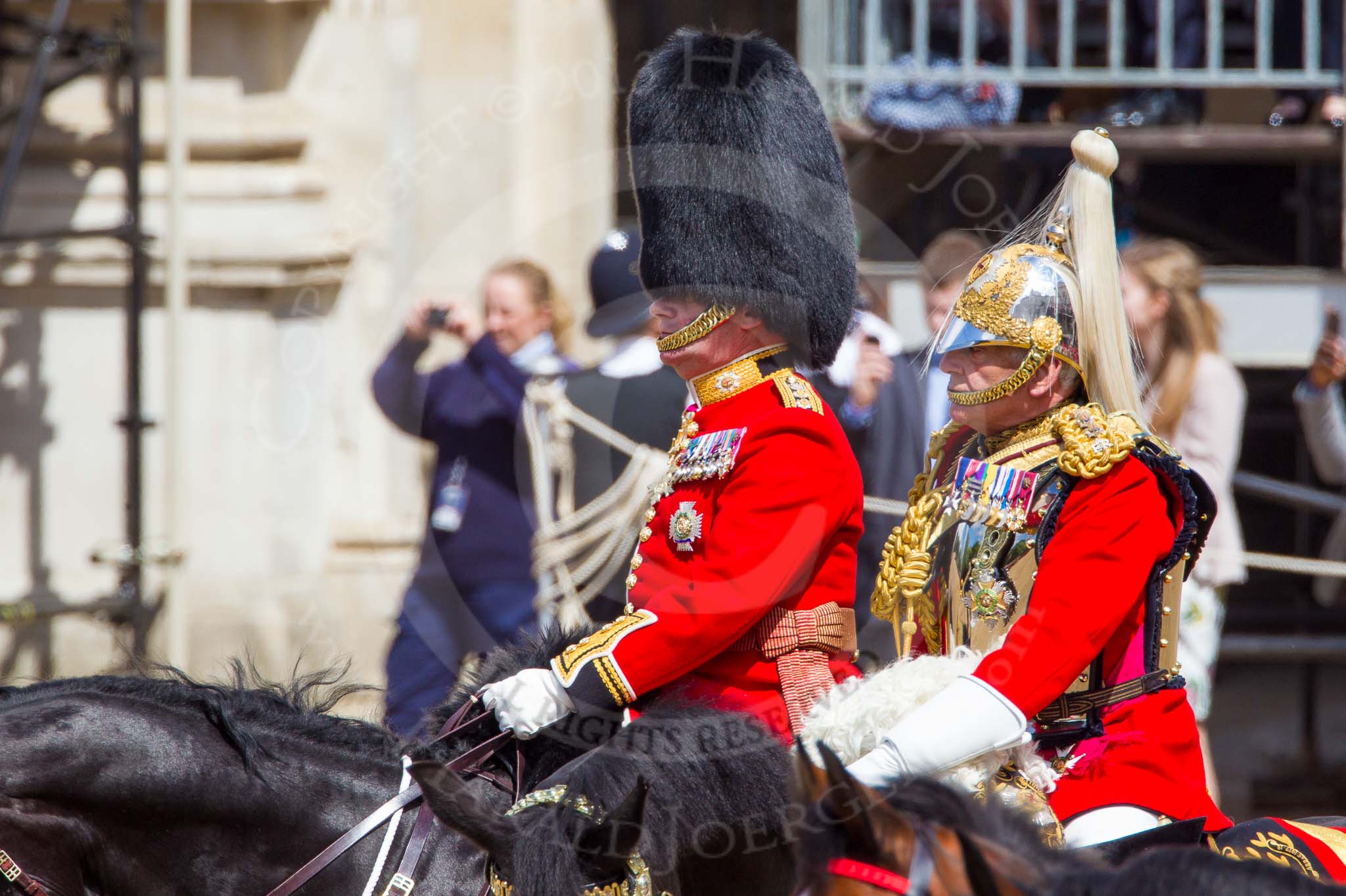 The Colonel's Review 2013: Colonel Coldstream Guards, Lieutenant General Sir James Bucknall, and Gold Stick in Waiting and Colonel The Life Guards, Field Marshal the Lord Guthrie of Craigiebank..
Horse Guards Parade, Westminster,
London SW1,

United Kingdom,
on 08 June 2013 at 11:00, image #300