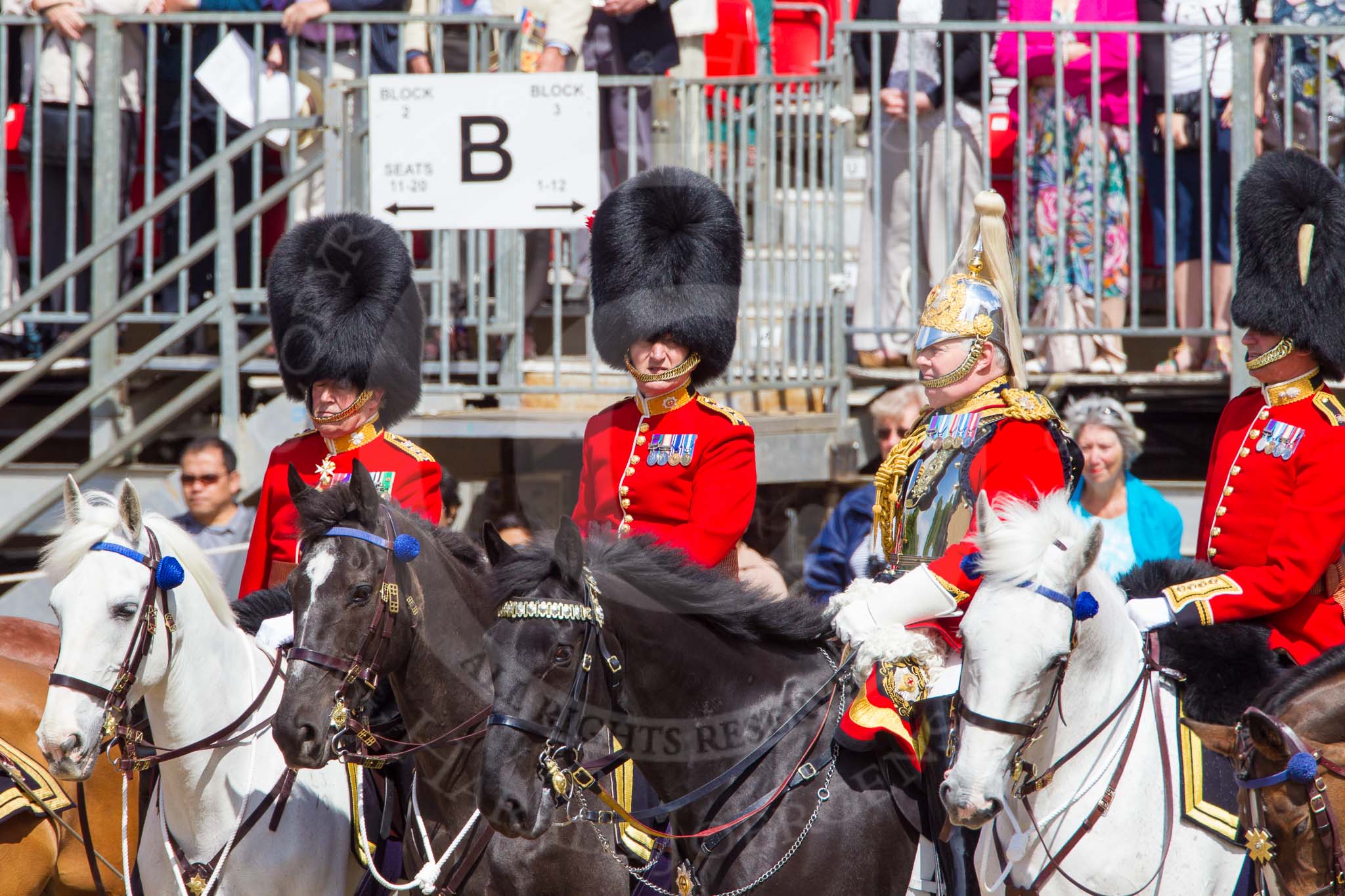 The Colonel's Review 2013: From left to right-The Foot Guards Regimental Adjutants - Colonel T C R B Purdon, Irish Guards, Colonel D D S A Vandeleur, Coldstream Guards, The Silver Stick Adjutant and Foot Guards Regimental Adjutants - Lieutenant Colonel H S J Scott, The Life Guards, Major G V A Baker,Grenadier Guards..
Horse Guards Parade, Westminster,
London SW1,

United Kingdom,
on 08 June 2013 at 11:00, image #302