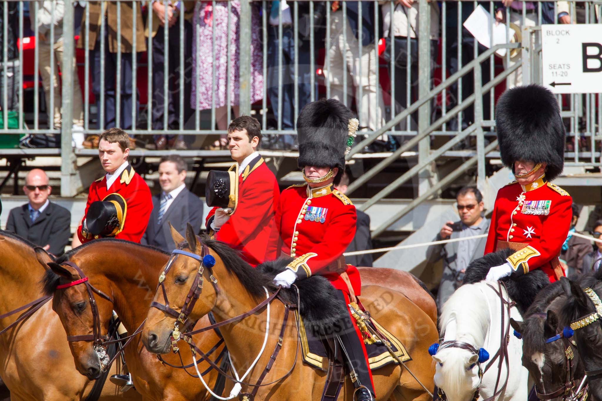 The Colonel's Review 2013: The Foot Guards Regimental Adjutants - Colonel T C R B Purdon, Irish Guards, Colonel, Colonel T C S Bonas, Welsh Guards.On the left Two Grooms, The Royal Household..
Horse Guards Parade, Westminster,
London SW1,

United Kingdom,
on 08 June 2013 at 11:00, image #304