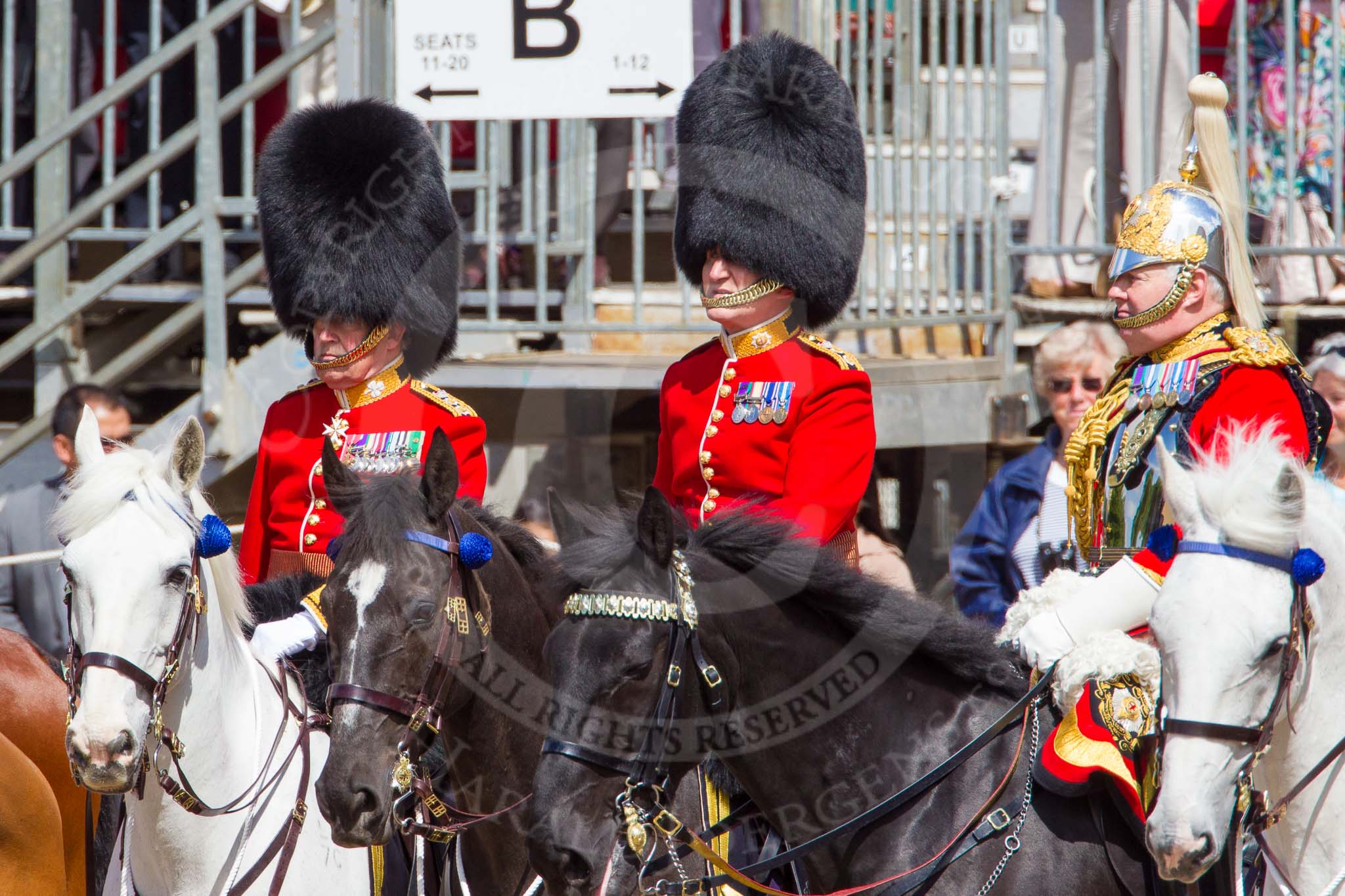 The Colonel's Review 2013: From left to right-The Foot Guards Regimental Adjutants - Colonel T C R B Purdon, Irish Guards, Colonel D D S A Vandeleur, Coldstream Guards, The Silver Stick Adjutant and Foot Guards Regimental Adjutants - Lieutenant Colonel H S J Scott, The Life Guards..
Horse Guards Parade, Westminster,
London SW1,

United Kingdom,
on 08 June 2013 at 11:01, image #309