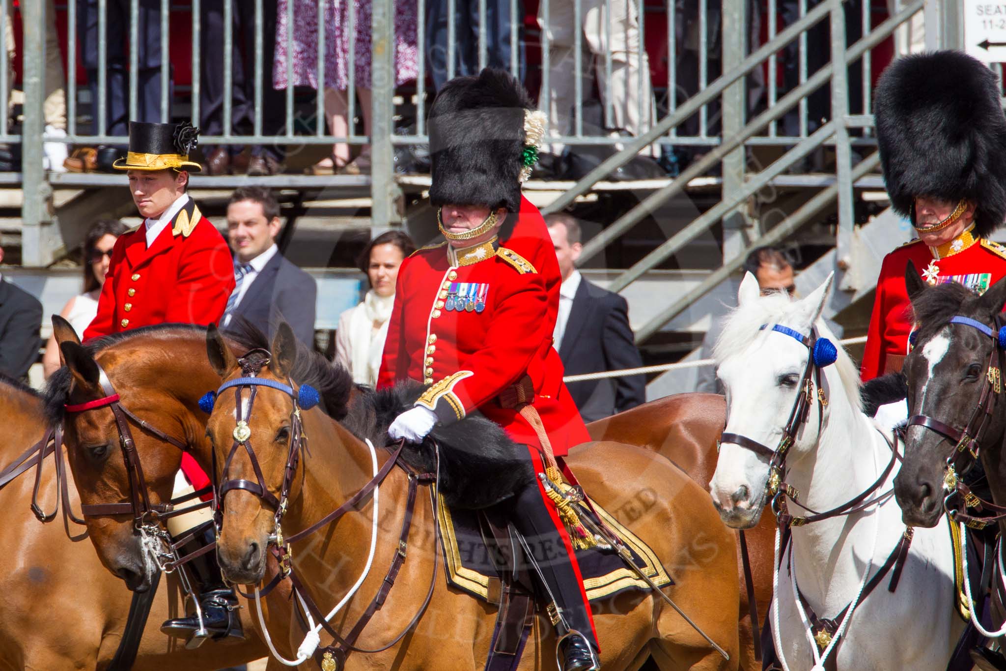 The Colonel's Review 2013: The Foot Guards Regimental Adjutants - Colonel T C R B Purdon, Irish Guards, Colonel, Colonel T C S Bonas, Welsh Guards.On the left Two Grooms, The Royal Household..
Horse Guards Parade, Westminster,
London SW1,

United Kingdom,
on 08 June 2013 at 11:01, image #310