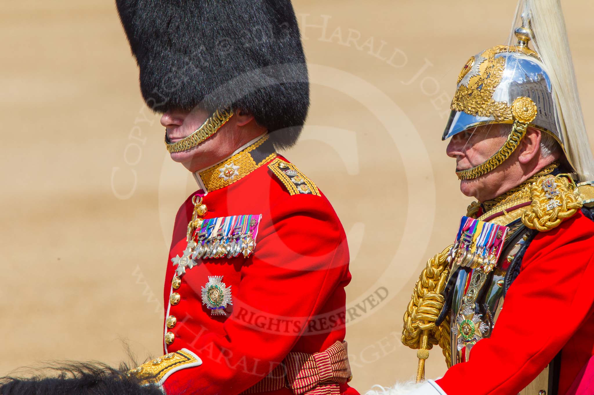 The Colonel's Review 2013: Colonel Coldstream Guards General Sir James Bucknall and Gold Stick in Waiting and Colonel Life Guards, Field Marshal the Lord Guthrie of Craigiebank, during the Inspection of the Line..
Horse Guards Parade, Westminster,
London SW1,

United Kingdom,
on 08 June 2013 at 11:02, image #323