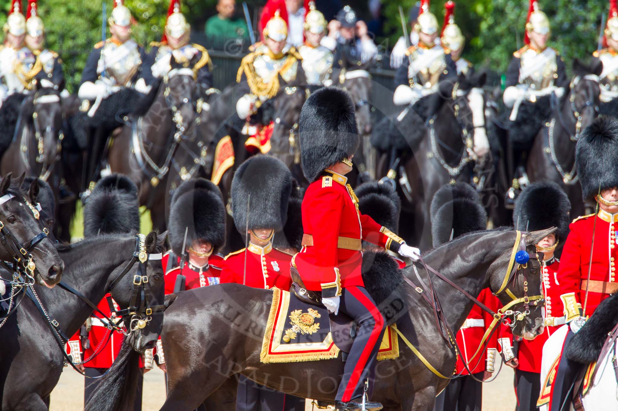 The Colonel's Review 2013: The head of the Royal Procession during the Inspection of the Line - Bridge Major Household Division Lieutenant Colonel S G Soskin,Grendier Guards followed by four tropper of The Life Guards..
Horse Guards Parade, Westminster,
London SW1,

United Kingdom,
on 08 June 2013 at 11:02, image #336