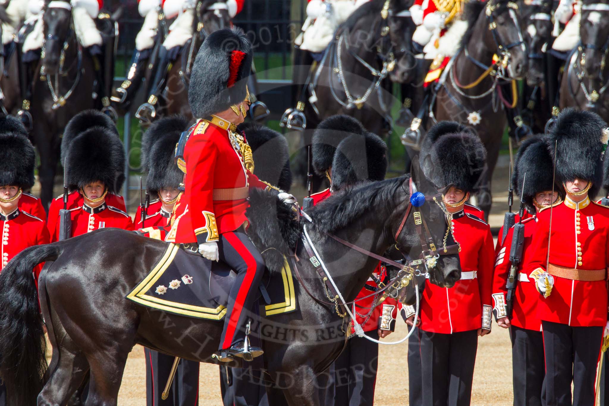 The Colonel's Review 2013: The Non-Royal Colonels, Colonel Coldstream Guards General Sir James Bucknall and Gold Stick in Waiting and Colonel Life Guards, Field Marshal the Lord Guthrie of Craigiebank,  during the Inspection of the Line..
Horse Guards Parade, Westminster,
London SW1,

United Kingdom,
on 08 June 2013 at 11:03, image #345