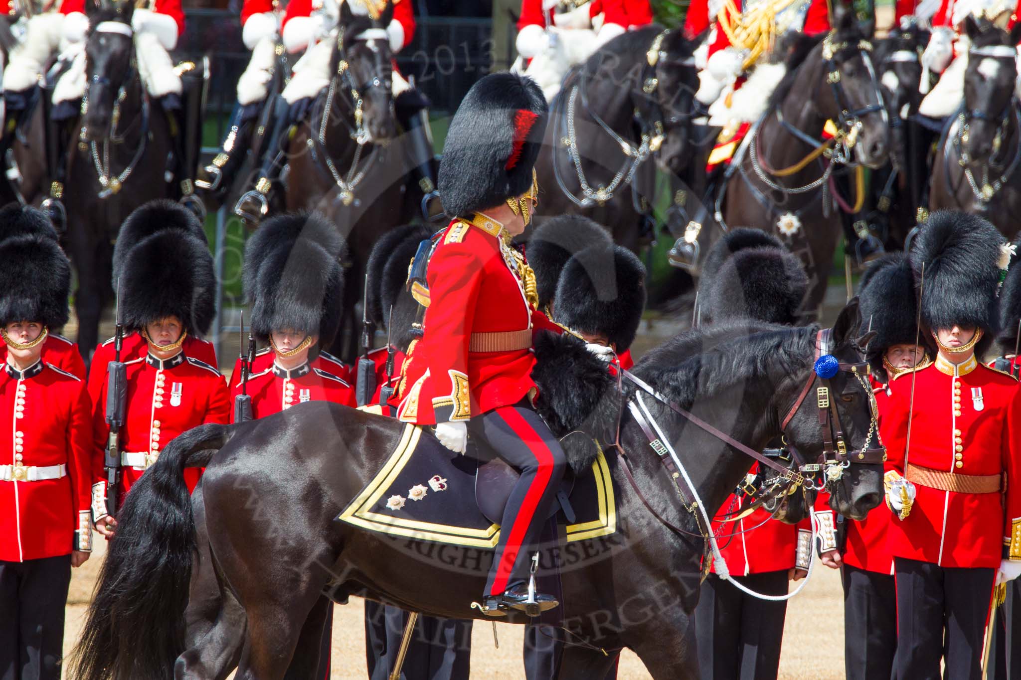 The Colonel's Review 2013: The Non-Royal Colonels, Colonel Coldstream Guards General Sir James Bucknall and Gold Stick in Waiting and Colonel Life Guards, Field Marshal the Lord Guthrie of Craigiebank,  during the Inspection of the Line..
Horse Guards Parade, Westminster,
London SW1,

United Kingdom,
on 08 June 2013 at 11:03, image #346