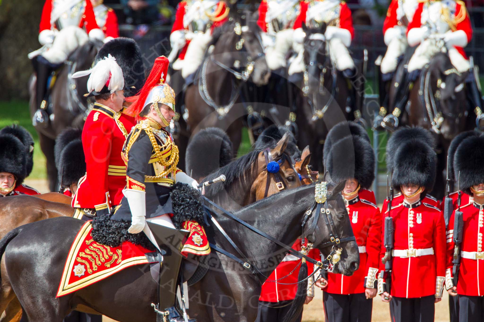 The Colonel's Review 2013: The Silver-Stick-in-Waiting, Colonel Stuart Cowen, The Blues and Royals, the Chief of Staff, Colonel Hugh Bodington, Welsh Guards, and Aide-de-Camp, Captain John James Hathaway-White, Grenadier Guards, during the Inspection of the Line..
Horse Guards Parade, Westminster,
London SW1,

United Kingdom,
on 08 June 2013 at 11:03, image #351