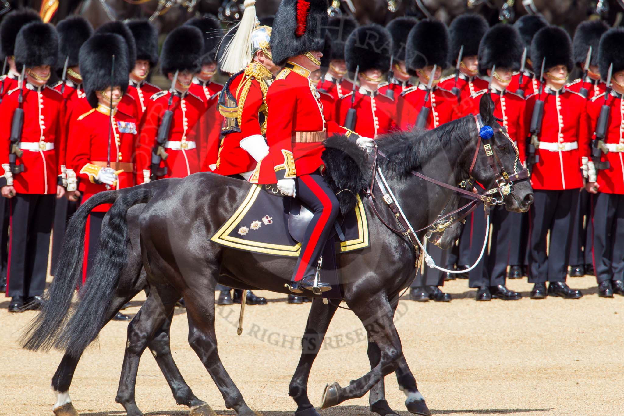 The Colonel's Review 2013: The Non-Royal Colonels, Colonel Coldstream Guards General Sir James Bucknall and Gold Stick in Waiting and Colonel Life Guards, Field Marshal the Lord Guthrie of Craigiebank,  during the Inspection of the Line..
Horse Guards Parade, Westminster,
London SW1,

United Kingdom,
on 08 June 2013 at 11:04, image #364