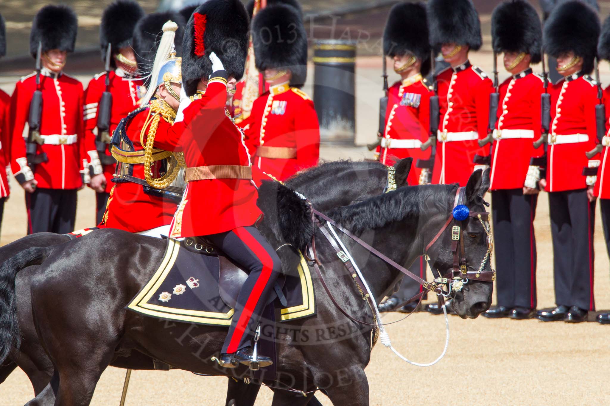 The Colonel's Review 2013: The Non-Royal Colonels, Colonel Coldstream Guards General Sir James Bucknall and Gold Stick in Waiting and Colonel Life Guards, Field Marshal the Lord Guthrie of Craigiebank, saluting the Colour during the Inspection of the Line..
Horse Guards Parade, Westminster,
London SW1,

United Kingdom,
on 08 June 2013 at 11:04, image #367