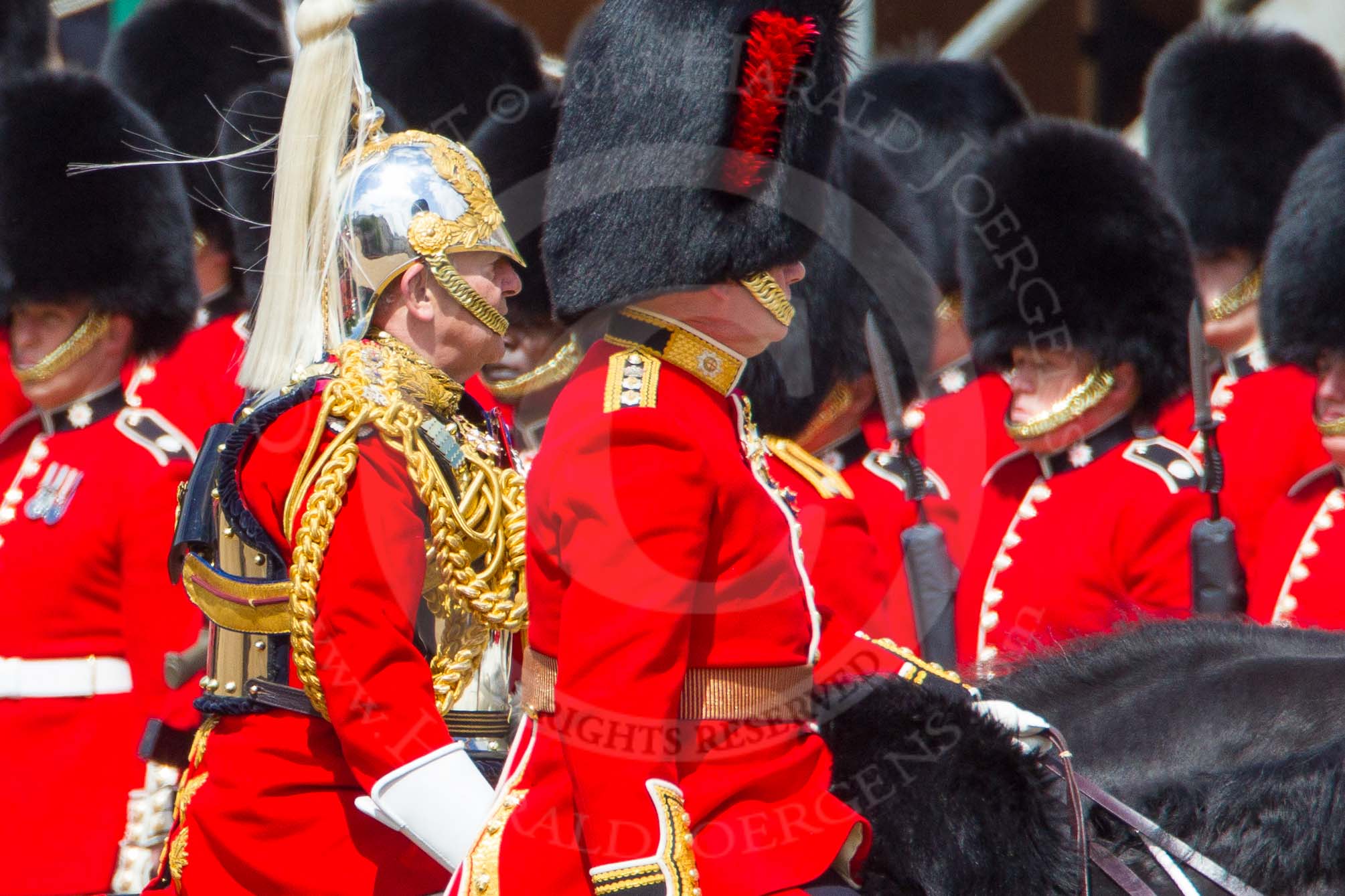 The Colonel's Review 2013: The Non-Royal Colonels, Colonel Coldstream Guards General Sir James Bucknall and Gold Stick in Waiting and Colonel Life Guards, Field Marshal the Lord Guthrie of Craigiebank,  during the Inspection of the Line..
Horse Guards Parade, Westminster,
London SW1,

United Kingdom,
on 08 June 2013 at 11:04, image #368