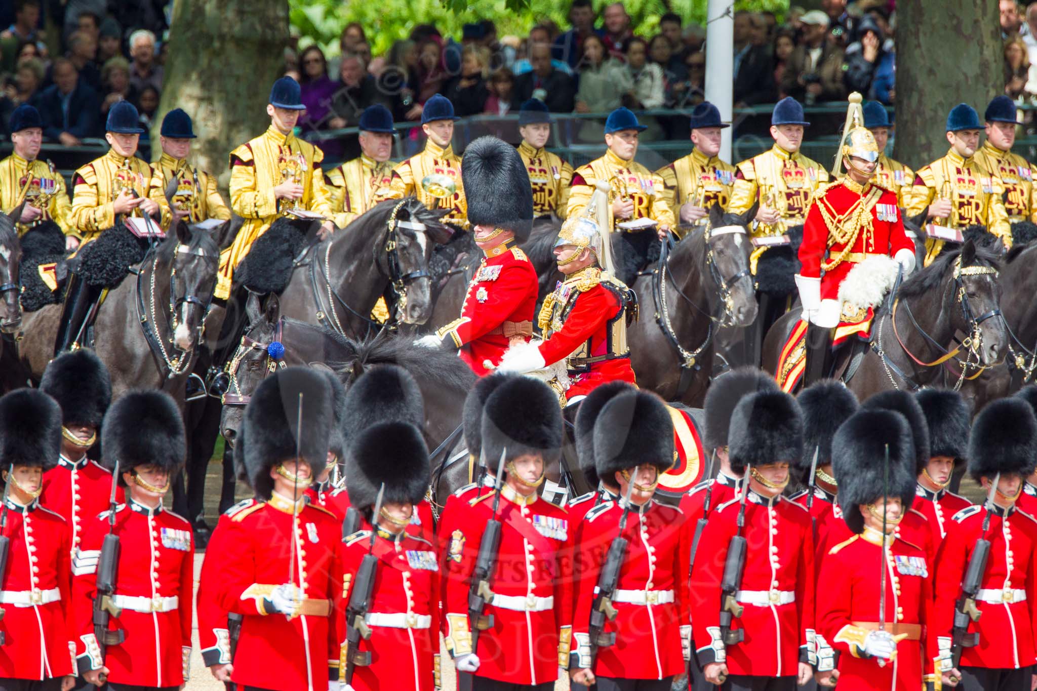 The Colonel's Review 2013: The Non-Royal Colonels, Colonel Coldstream Guards General Sir James Bucknall and Gold Stick in Waiting and Colonel Life Guards, Field Marshal the Lord Guthrie of Craigiebank, during the Inspection of the Line..
Horse Guards Parade, Westminster,
London SW1,

United Kingdom,
on 08 June 2013 at 11:05, image #374