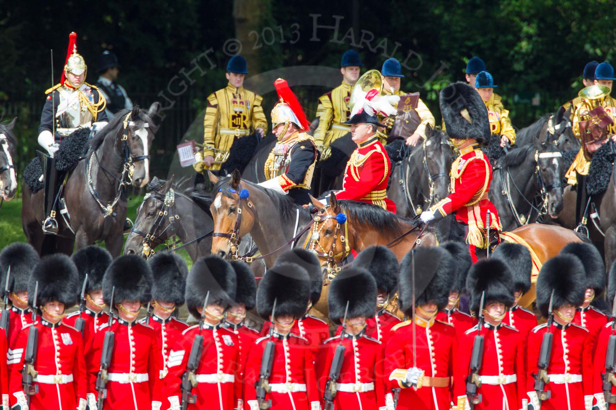 The Colonel's Review 2013: The Silver-Stick-in-Waiting, Colonel Stuart Cowen, The Blues and Royals, the Chief of Staff, Colonel Hugh Bodington, Welsh Guards, and Aide-de-Camp, Captain John James Hathaway-White, Grenadier Guards, during the Inspection of the Line..
Horse Guards Parade, Westminster,
London SW1,

United Kingdom,
on 08 June 2013 at 11:05, image #377