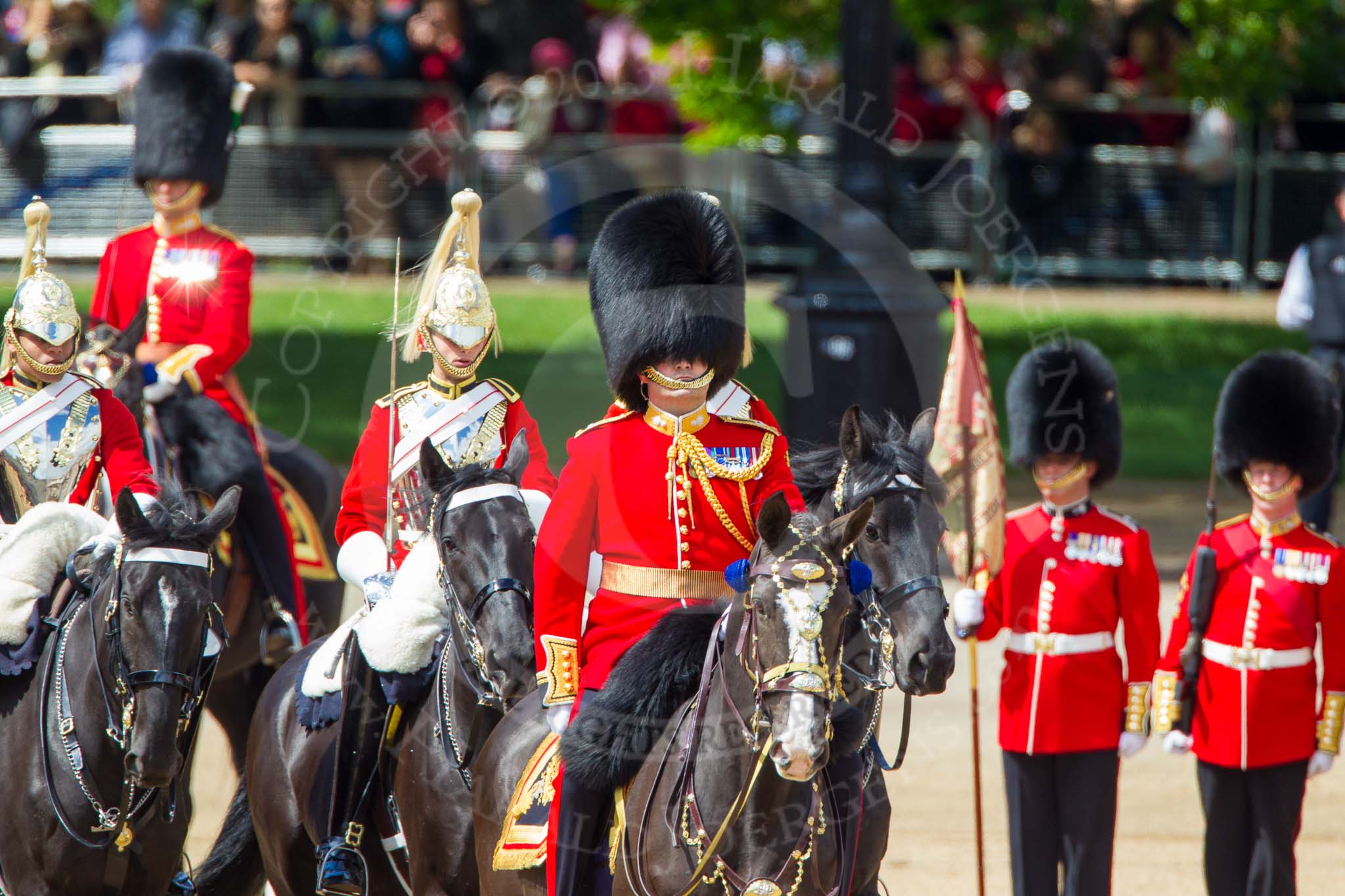 The Colonel's Review 2013: The Brigade Major Household Division Lieutenant Colonel Simon Soskin, Grenadier Guards, followed by the four Troopers of The Life Guard, after the Inspection of the Line..
Horse Guards Parade, Westminster,
London SW1,

United Kingdom,
on 08 June 2013 at 11:05, image #378