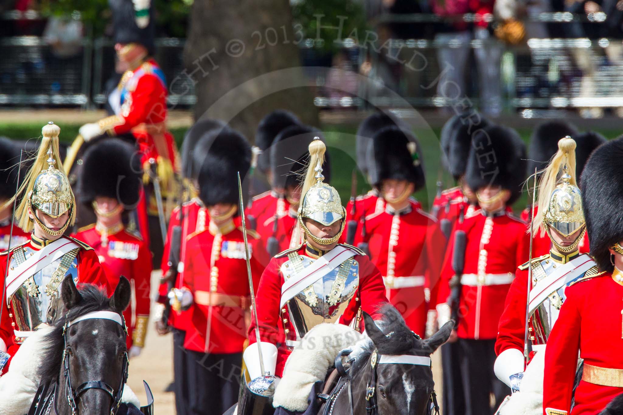 The Colonel's Review 2013: The Brigade Major Household Division Lieutenant Colonel Simon Soskin, Grenadier Guards, followed by the four Troopers of The Life Guard, after the Inspection of the Line..
Horse Guards Parade, Westminster,
London SW1,

United Kingdom,
on 08 June 2013 at 11:05, image #381