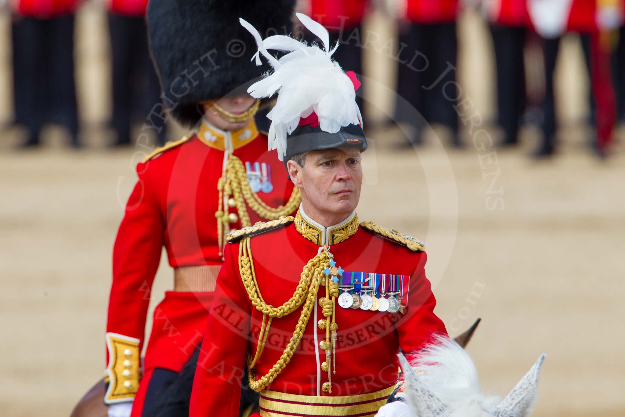 The Colonel's Review 2013: Major General Commanding the Household Division and General Officer Commanding London District, Major George Norton, on horseback after the Inspection of the Line..
Horse Guards Parade, Westminster,
London SW1,

United Kingdom,
on 08 June 2013 at 11:07, image #407