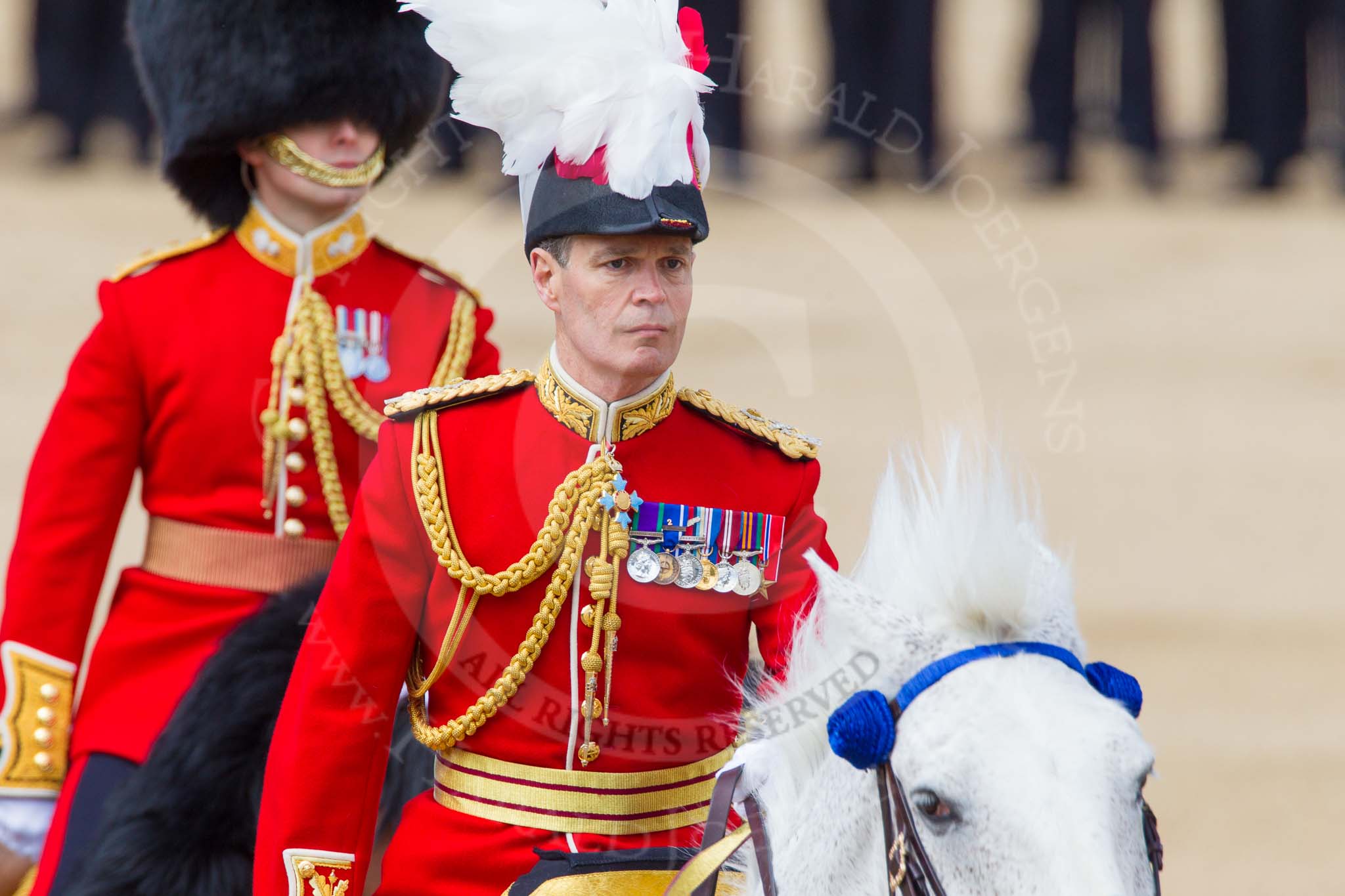 The Colonel's Review 2013: Major General Commanding the Household Division and General Officer Commanding London District, Major George Norton, on horseback after the Inspection of the Line..
Horse Guards Parade, Westminster,
London SW1,

United Kingdom,
on 08 June 2013 at 11:07, image #409