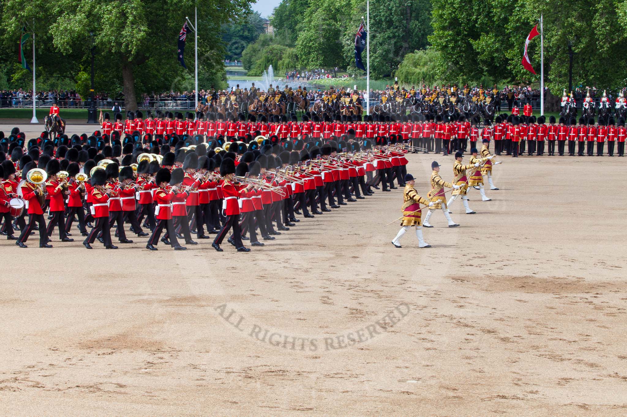 The Colonel's Review 2013: The Massed Band Troop begins with the slow march - the Waltz from Les Huguenots. No. 1 Guard, in the centre, and the King's Troop Royal Horse Artillery can be seen on top of the image..
Horse Guards Parade, Westminster,
London SW1,

United Kingdom,
on 08 June 2013 at 11:08, image #421