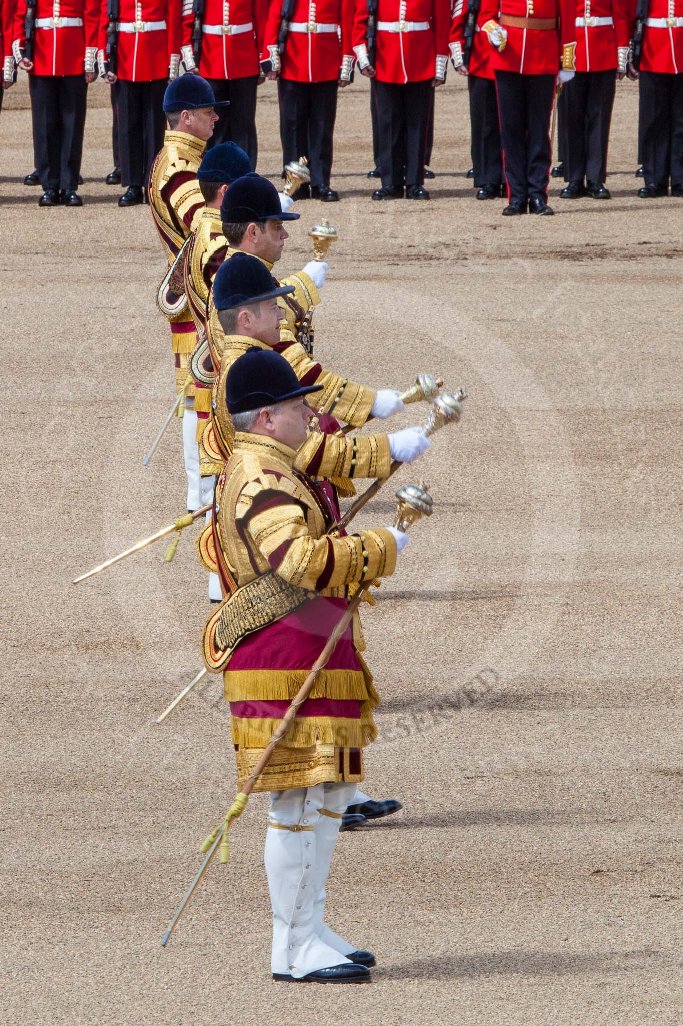 The Colonel's Review 2013: The Drum Majors during the Massed Troop - Stephen Staite, D P Thomas, Senior Drum Major M J Betts, Neill Lawman, and Tony Taylor..
Horse Guards Parade, Westminster,
London SW1,

United Kingdom,
on 08 June 2013 at 11:08, image #425