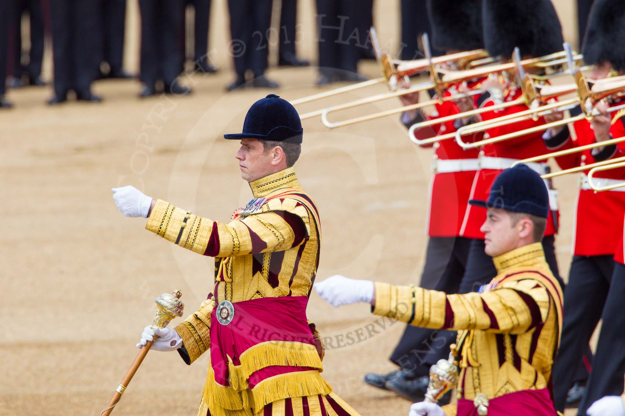 The Colonel's Review 2013: Drum Major D P Thomas, Grenadier Guards, and Senior Drum Major M J Betts, Grenadier Guards..
Horse Guards Parade, Westminster,
London SW1,

United Kingdom,
on 08 June 2013 at 11:12, image #462