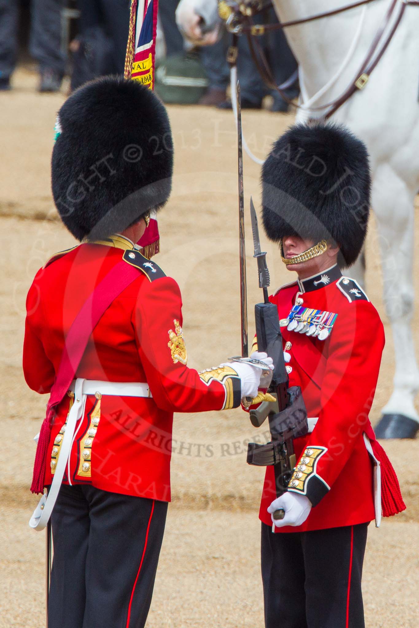 The Colonel's Review 2013: The Colour has been handed over from Colour Sergeant R J Heath, Welsh Guard to the Regimental Sergeant Major, WO1 Martin Topps, Welsh Guards. He now presents the Colour to the Ensign, Ensign, Second Lieutenant Joel Dinwiddle..
Horse Guards Parade, Westminster,
London SW1,

United Kingdom,
on 08 June 2013 at 11:19, image #506