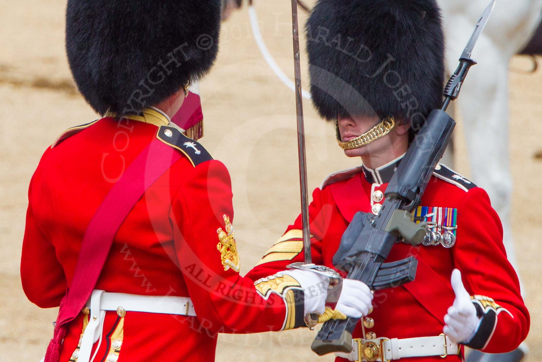 The Colonel's Review 2013: The Colour has been handed over from Colour Sergeant R J Heath, Welsh Guard to the Regimental Sergeant Major, WO1 Martin Topps, Welsh Guards. He now presents the Colour to the Ensign, Ensign, Second Lieutenant Joel Dinwiddle..
Horse Guards Parade, Westminster,
London SW1,

United Kingdom,
on 08 June 2013 at 11:19, image #509