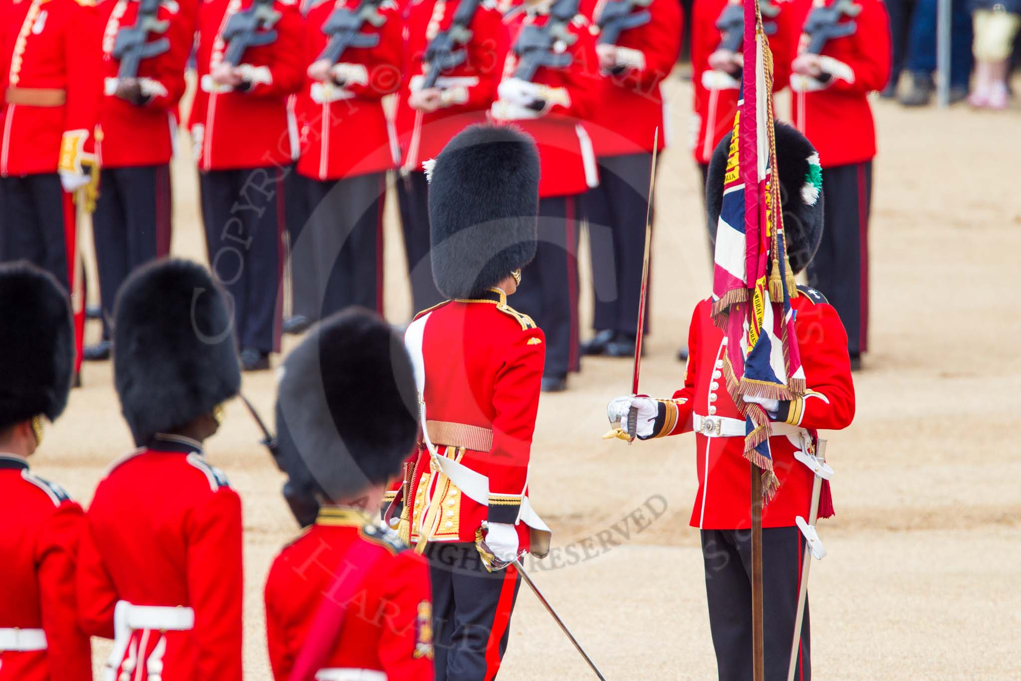 The Colonel's Review 2013: The Regimental Sergeant Major, WO1 Martin Topps, Welsh Guards presents the Colour to the Ensign, Second Lieutenant Joel Dinwiddle, who salutes the Colour with his sword..
Horse Guards Parade, Westminster,
London SW1,

United Kingdom,
on 08 June 2013 at 11:19, image #514