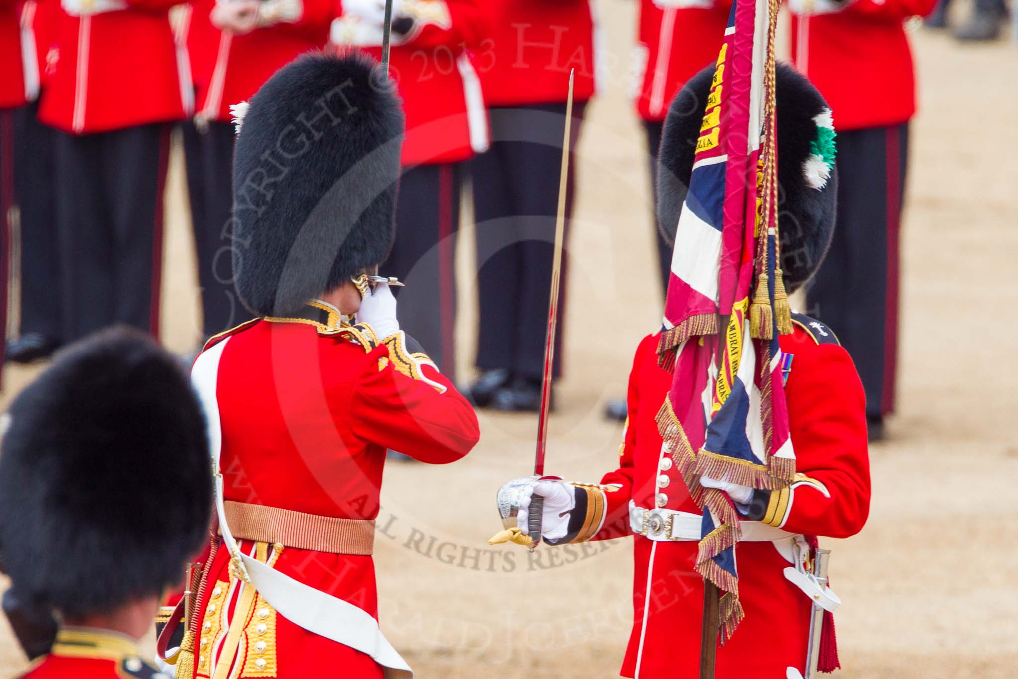 The Colonel's Review 2013: The Regimental Sergeant Major, WO1 Martin Topps, Welsh Guards presents the Colour to the Ensign, Second Lieutenant Joel Dinwiddle, who salutes the Colour with his sword..
Horse Guards Parade, Westminster,
London SW1,

United Kingdom,
on 08 June 2013 at 11:19, image #515