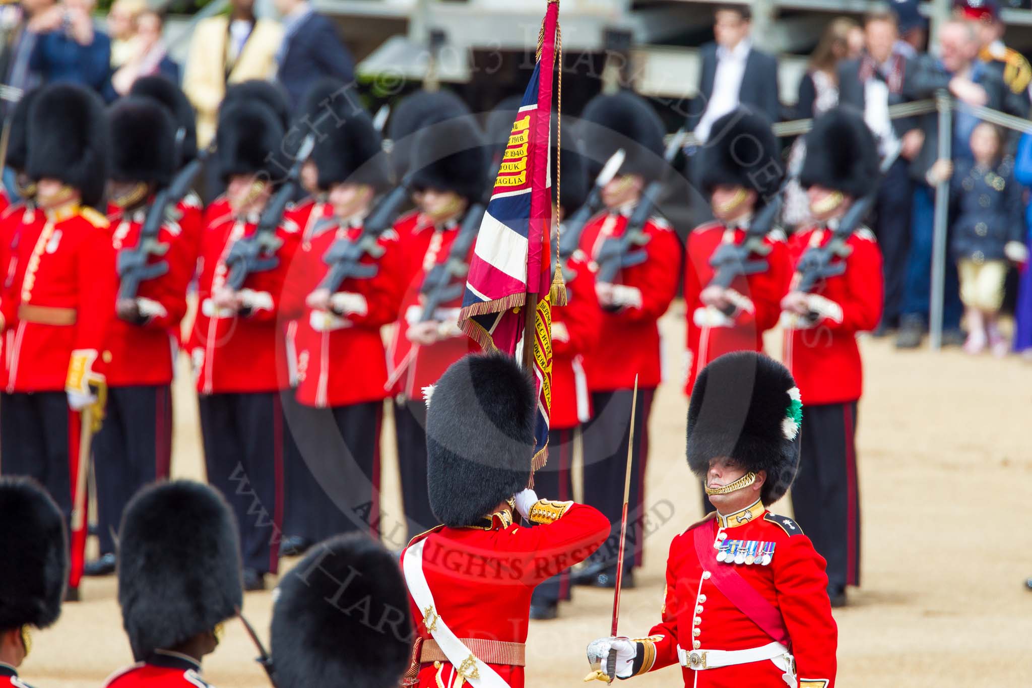 The Colonel's Review 2013: The Ensign, Second Lieutenant Joel Dinwiddle, takes posession of the Colour from the Regimental Sergeant Major, WO1 Martin Topps, Welsh Guards..
Horse Guards Parade, Westminster,
London SW1,

United Kingdom,
on 08 June 2013 at 11:20, image #524