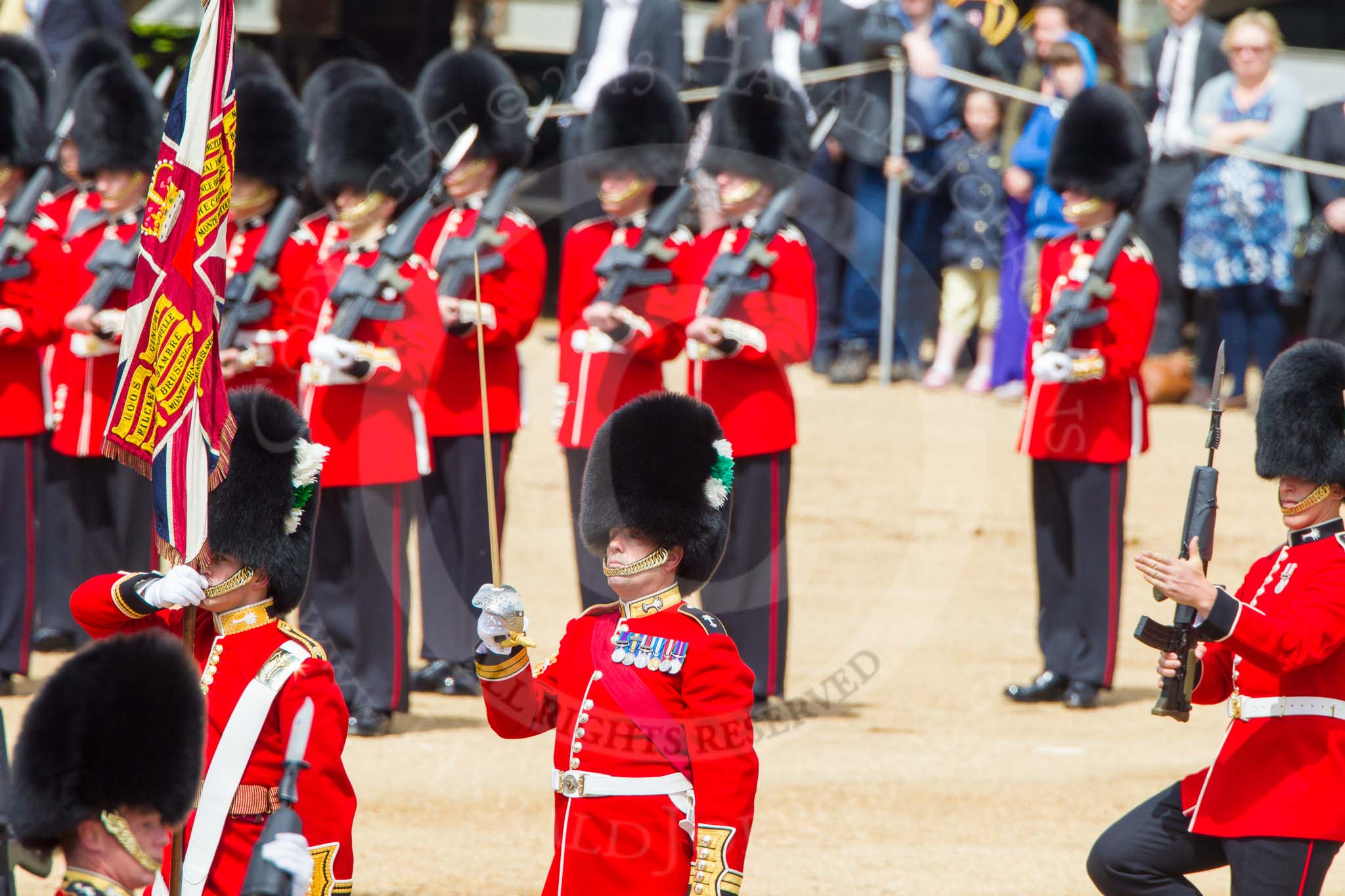 The Colonel's Review 2013: No. 1 Guard, the Escort to the Colour, presents arms as the Ensign turns toward them with the Colour..
Horse Guards Parade, Westminster,
London SW1,

United Kingdom,
on 08 June 2013 at 11:20, image #530