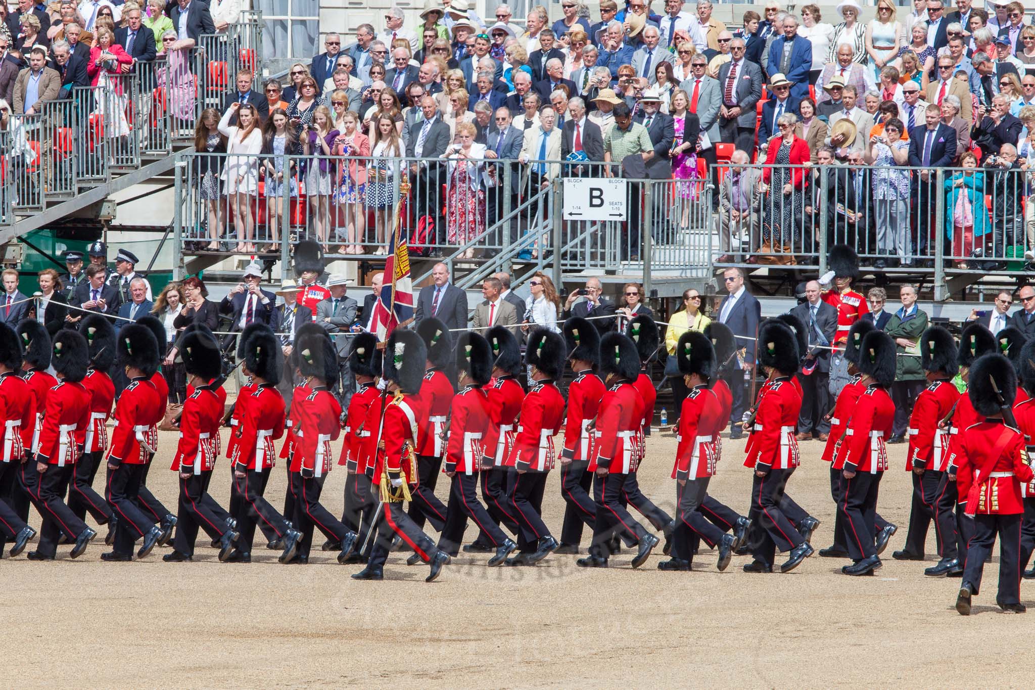 The Colonel's Review 2013: The Escort Tto the Colour is marching towards No.6 Guard, to begin the trooping the Colour through the ranks..
Horse Guards Parade, Westminster,
London SW1,

United Kingdom,
on 08 June 2013 at 11:22, image #550