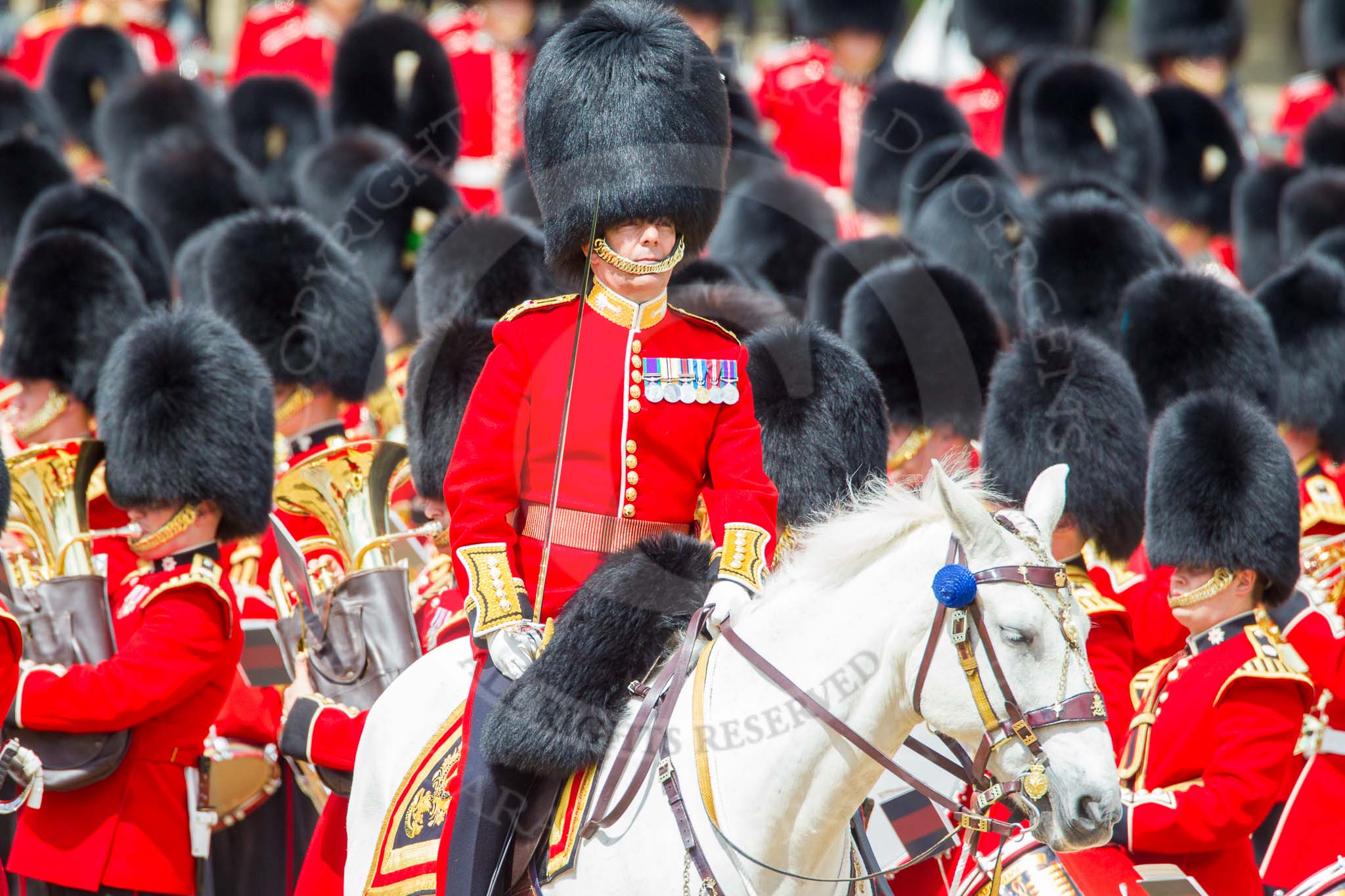 The Colonel's Review 2013: The Field Officer in Brigade Waiting, Lieutenant Colonel Dino Bossi, Welsh Guards, commanding "present arms" as the Escort to the Colour is starting the trooping of the Colour through the ranks..
Horse Guards Parade, Westminster,
London SW1,

United Kingdom,
on 08 June 2013 at 11:23, image #551