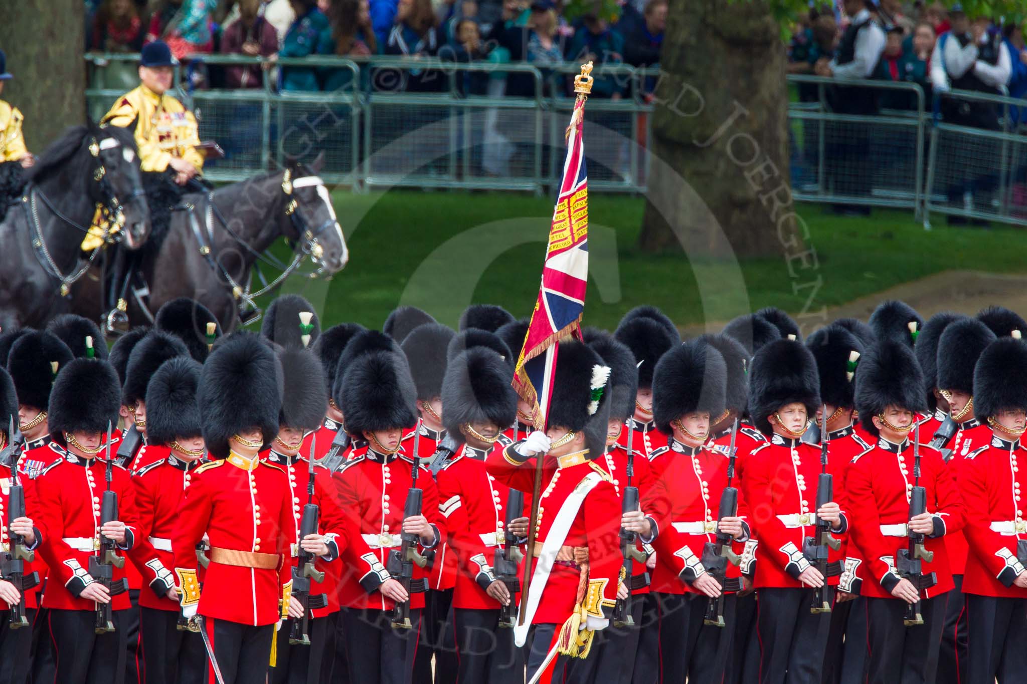 The Colonel's Review 2013: The Escort to the Colour troops the Colour past No. 5 Guard, F Company Scots Guards..
Horse Guards Parade, Westminster,
London SW1,

United Kingdom,
on 08 June 2013 at 11:24, image #569