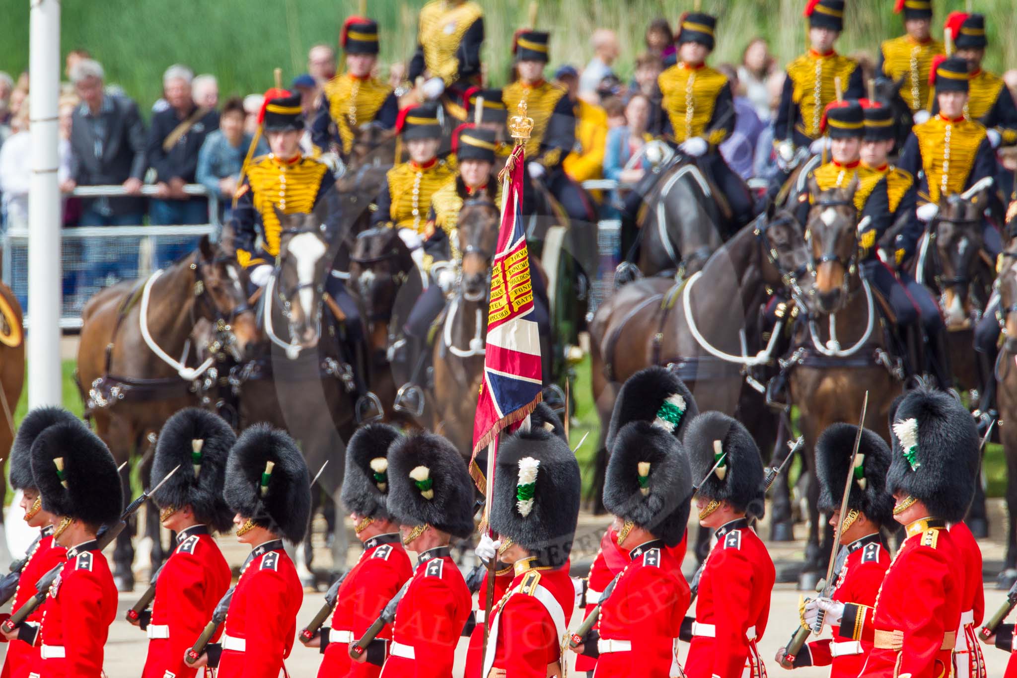 The Colonel's Review 2013: The Escort to the Colour has trooped the Colour past No. 2 Guard, 1st Battalion Welsh Guards, and is now almost back to their initial position, when they were the Escort for the Colour..
Horse Guards Parade, Westminster,
London SW1,

United Kingdom,
on 08 June 2013 at 11:26, image #583