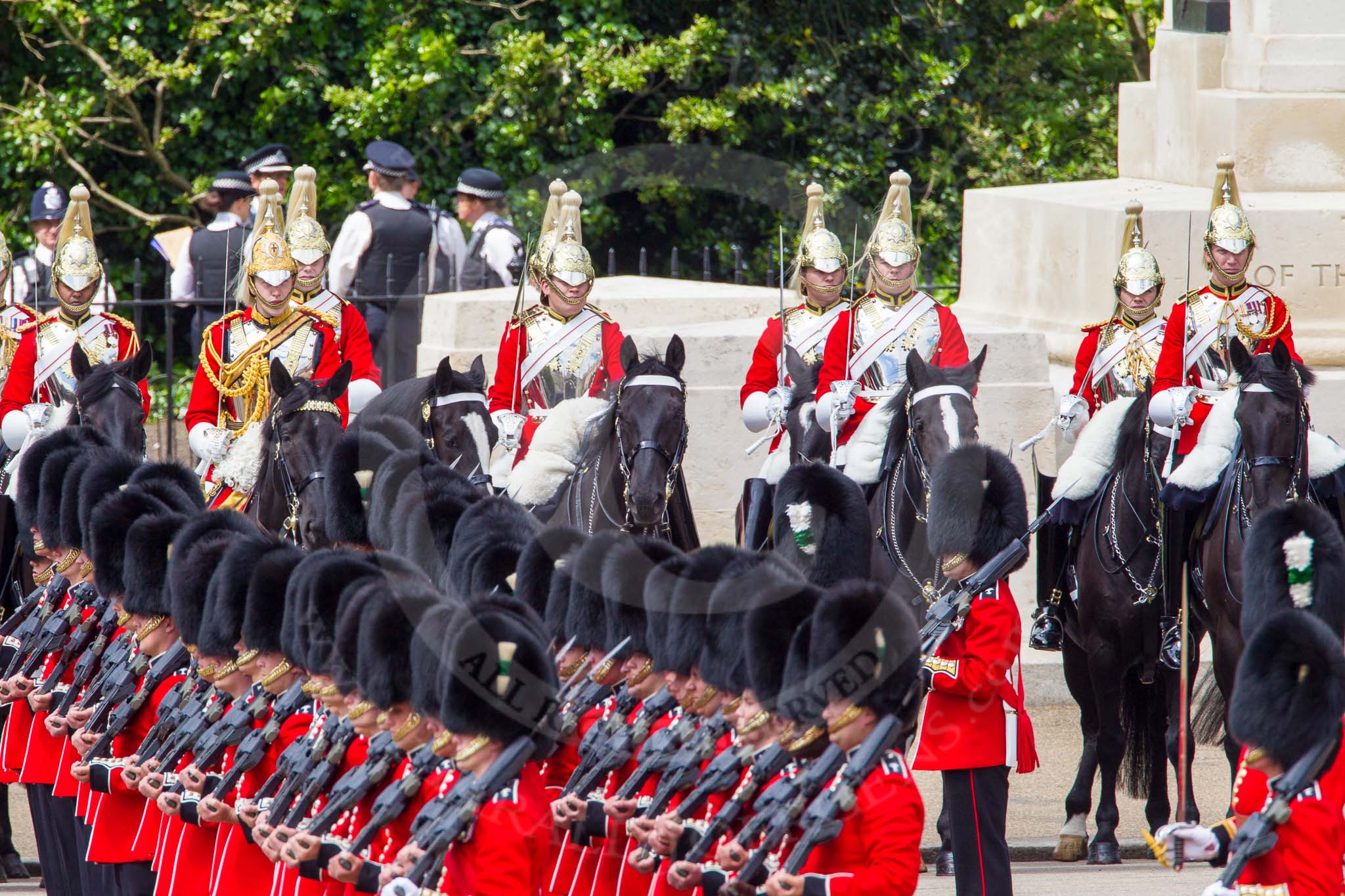 The Colonel's Review 2013: No. 1 Guard (Escort for the Colour),1st Battalion Welsh Guards, at the beginning of the March Past in Quick Time. Behind them the Household Cavalry in front of Guards Memorial..
Horse Guards Parade, Westminster,
London SW1,

United Kingdom,
on 08 June 2013 at 11:29, image #602