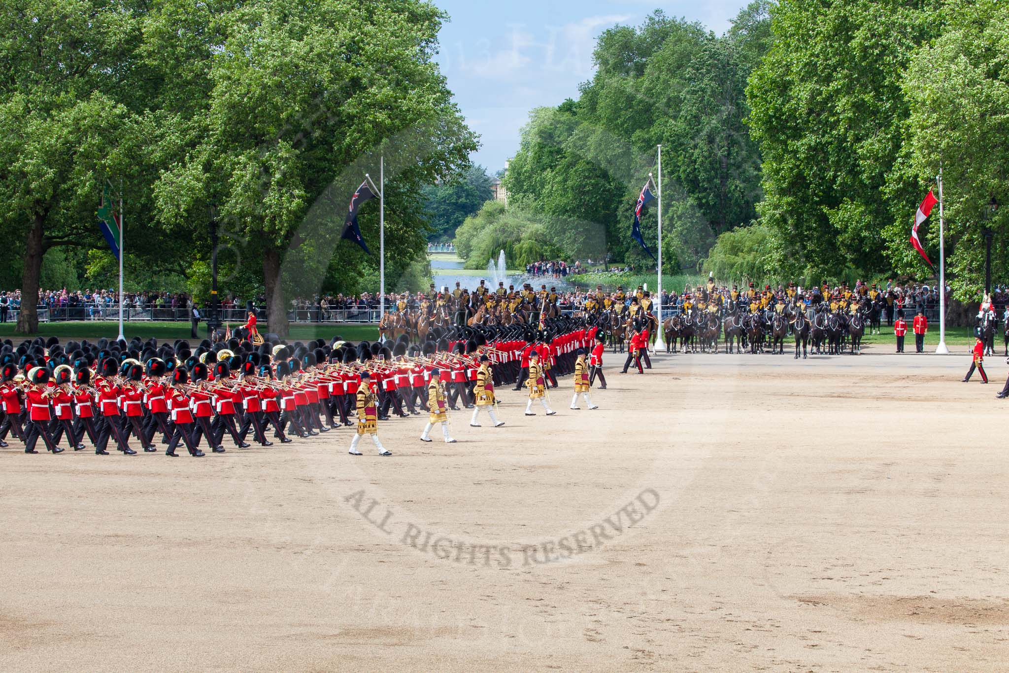 The Colonel's Review 2013: The Massed Bands, led by the five Drum Majors, during the March Past..
Horse Guards Parade, Westminster,
London SW1,

United Kingdom,
on 08 June 2013 at 11:30, image #607