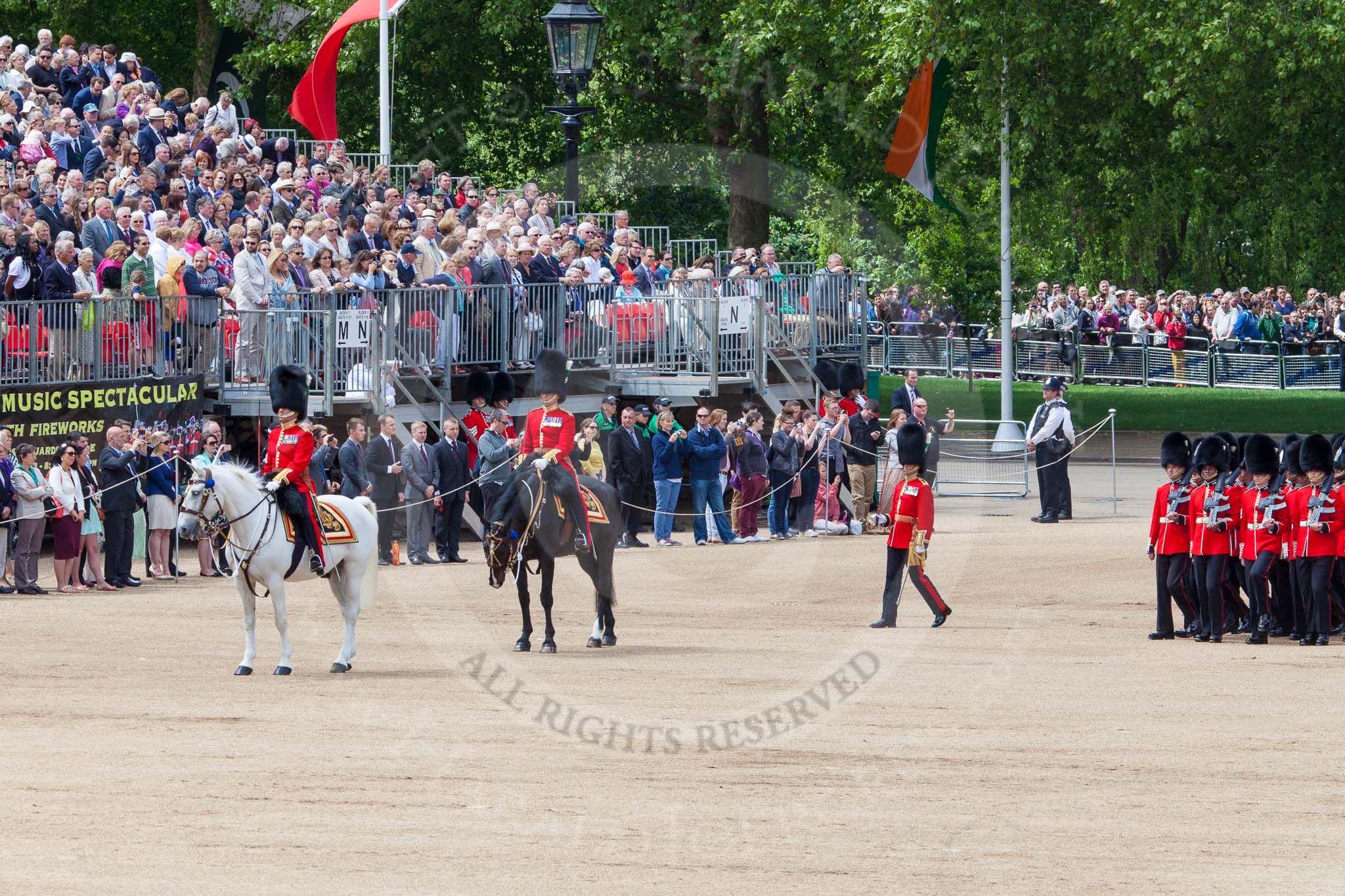 The Colonel's Review 2013: The Field Officer in Brigade Waiting, Lieutenant Colonel Dino Bossi, Welsh Guards, and the Major of the Parade, Major H G C Bettinson, Welsh Guards, leading the March Past..
Horse Guards Parade, Westminster,
London SW1,

United Kingdom,
on 08 June 2013 at 11:30, image #613