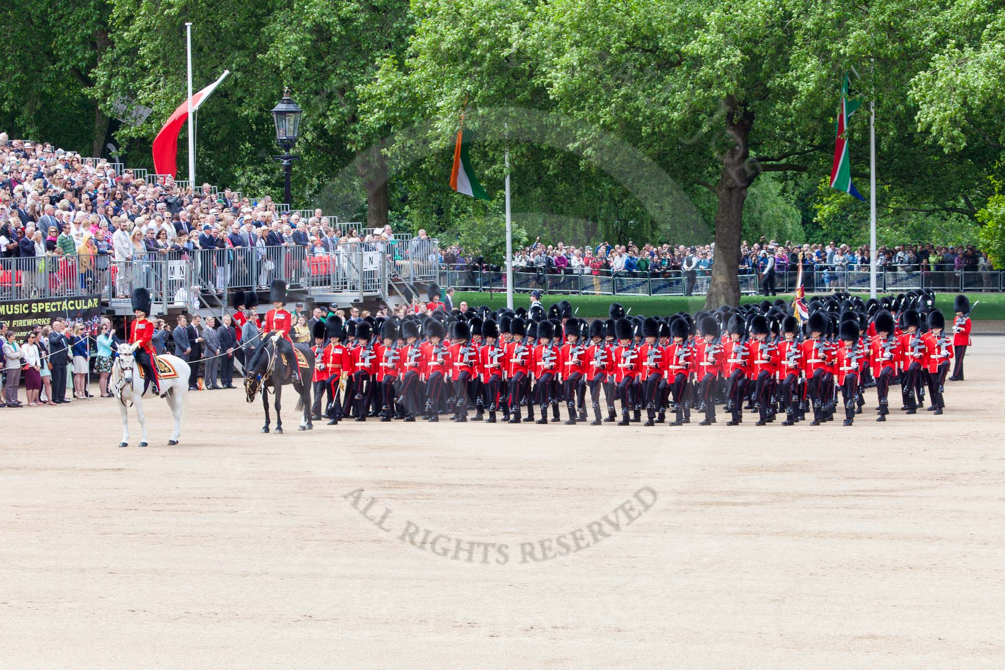 The Colonel's Review 2013: The Field Officer in Brigade Waiting, Lieutenant Colonel Dino Bossi, Welsh Guards, and the Major of the Parade, Major H G C Bettinson, Welsh Guards, leading the March Past..
Horse Guards Parade, Westminster,
London SW1,

United Kingdom,
on 08 June 2013 at 11:31, image #615