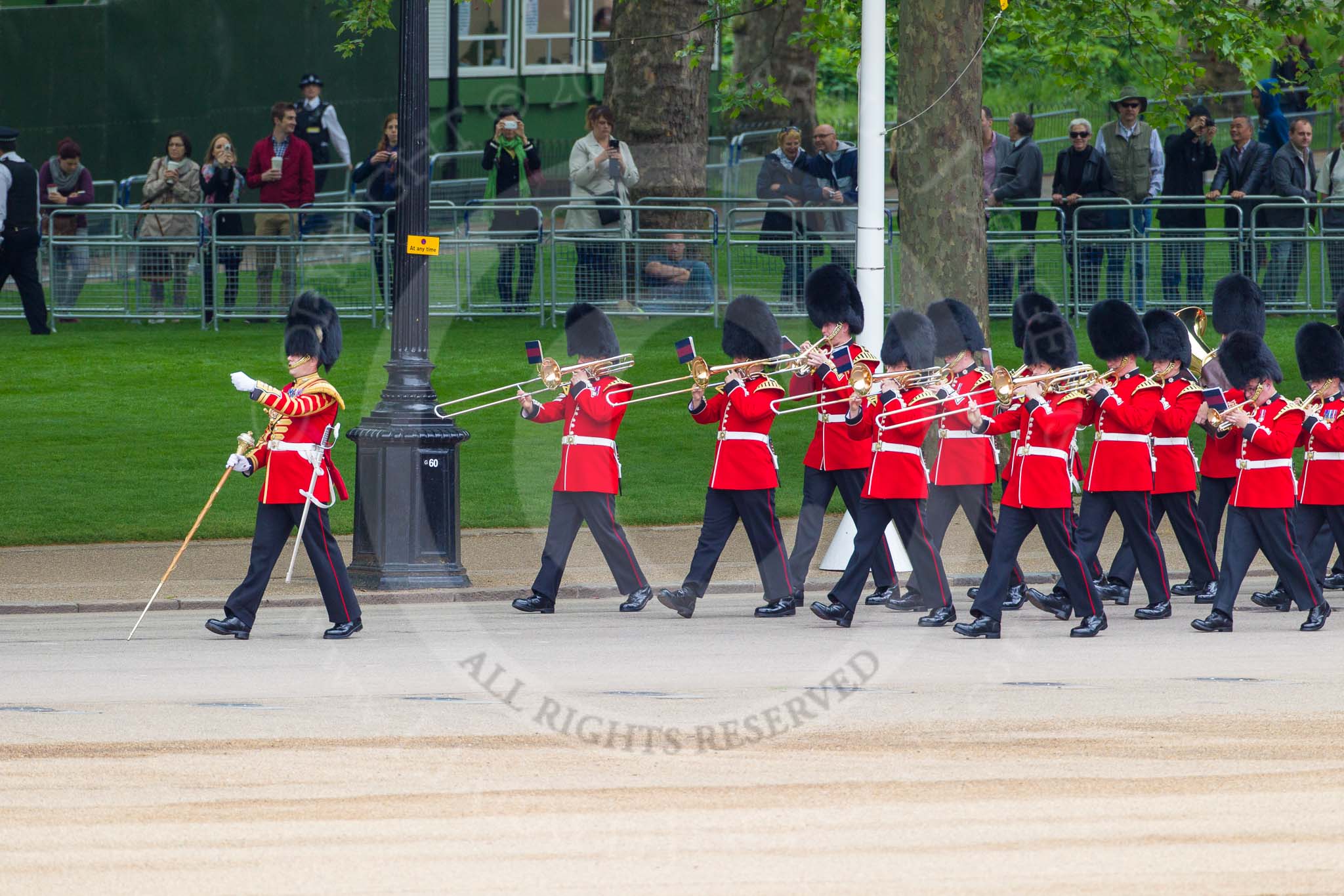 Major General's Review 2013: The first of the bands marching down Horse Guards Road from The Mall - the Band of the Coldstream Guards, lead by Senior Drum Major Matthew Betts, Grenadier Guards..
Horse Guards Parade, Westminster,
London SW1,

United Kingdom,
on 01 June 2013 at 10:12, image #38