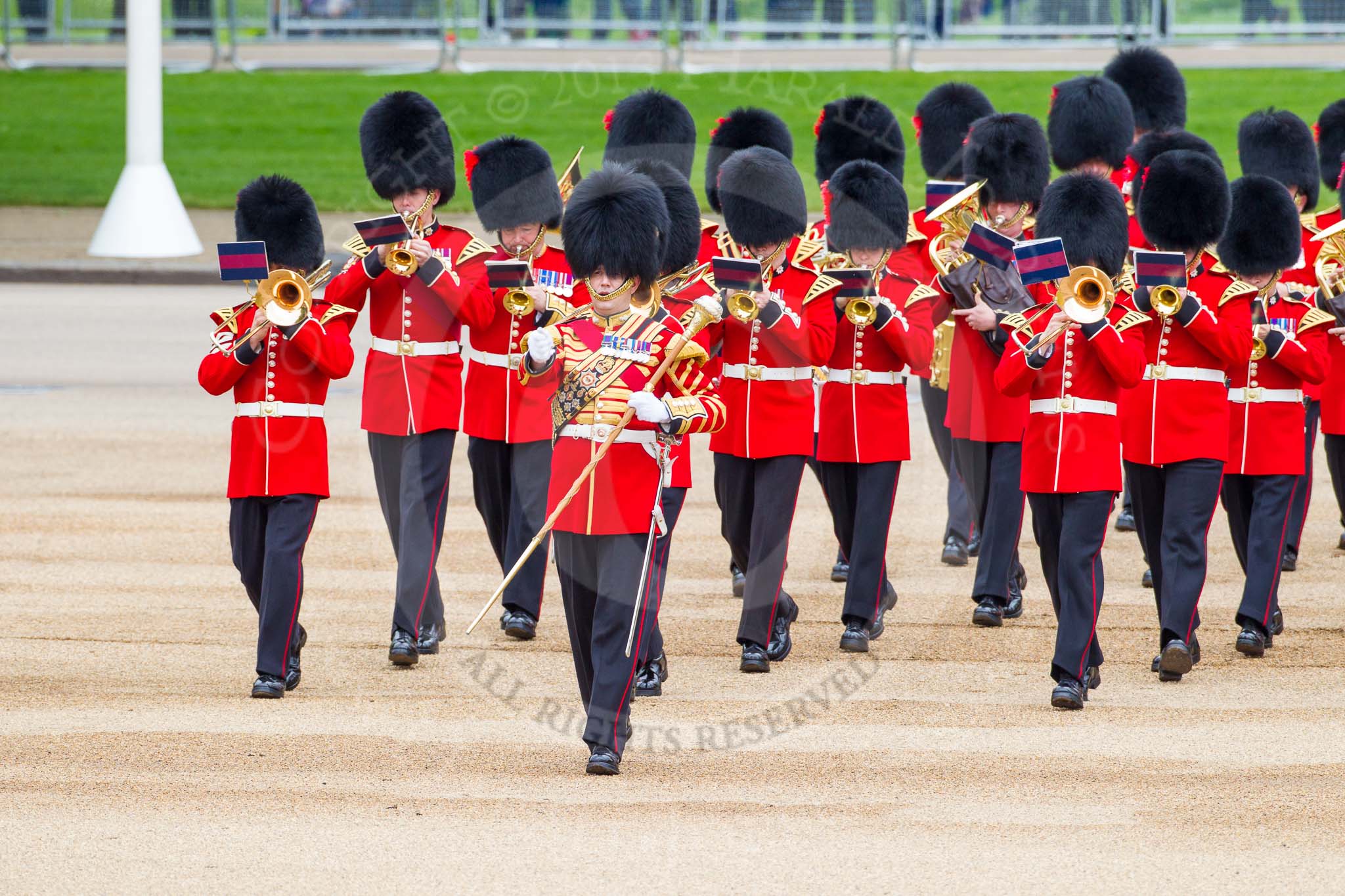 Major General's Review 2013: The Band of the Coldstream Guards, led by Senior Drum Major Matthew Betts, Grenadier Guards, marching onto Horse Guards Parade..
Horse Guards Parade, Westminster,
London SW1,

United Kingdom,
on 01 June 2013 at 10:13, image #45