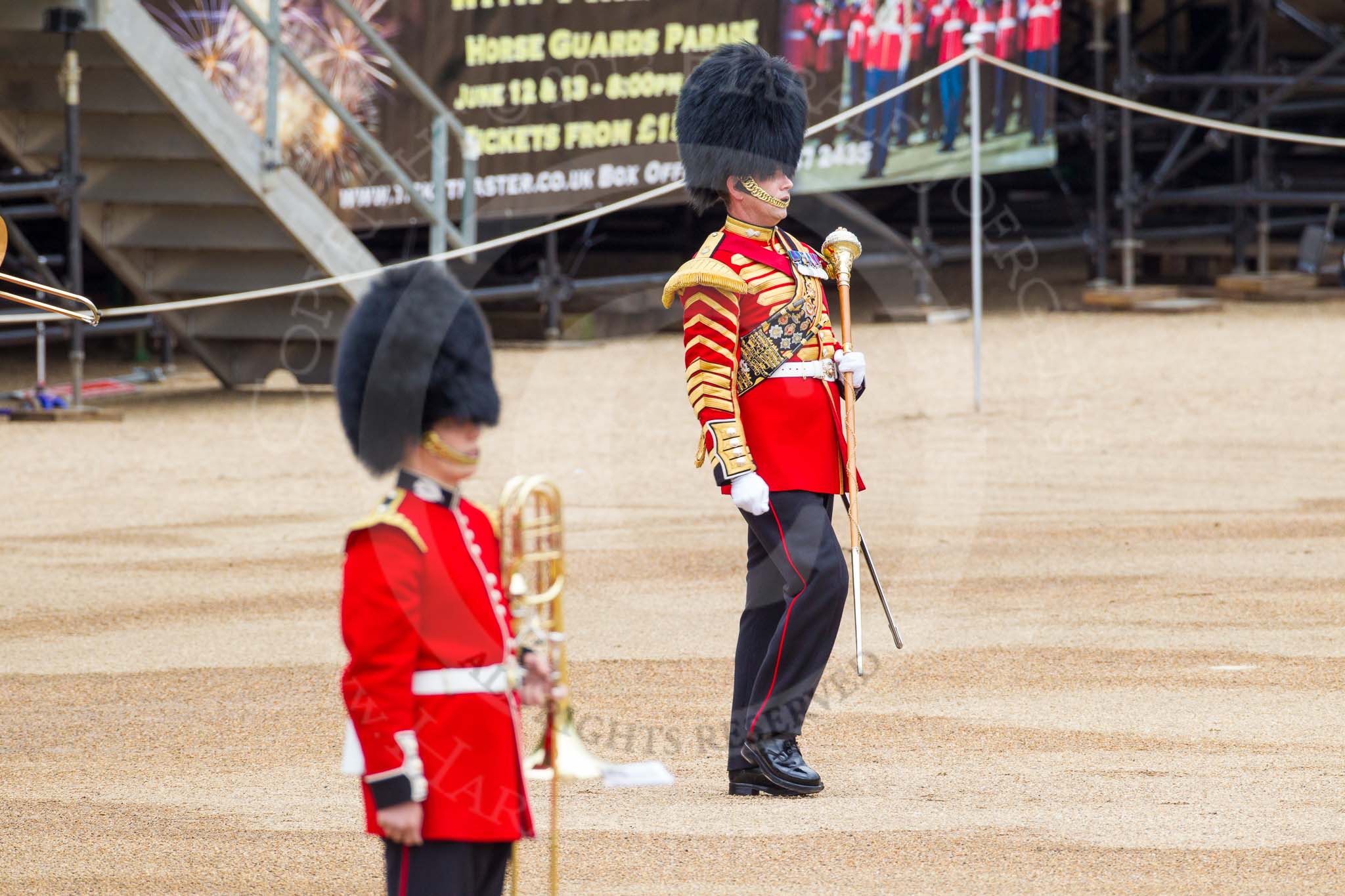 Major General's Review 2013: Senior Drum Major Matthew Betts, Grenadier Guards, leading the Band of the Coldstream Guards..
Horse Guards Parade, Westminster,
London SW1,

United Kingdom,
on 01 June 2013 at 10:14, image #49